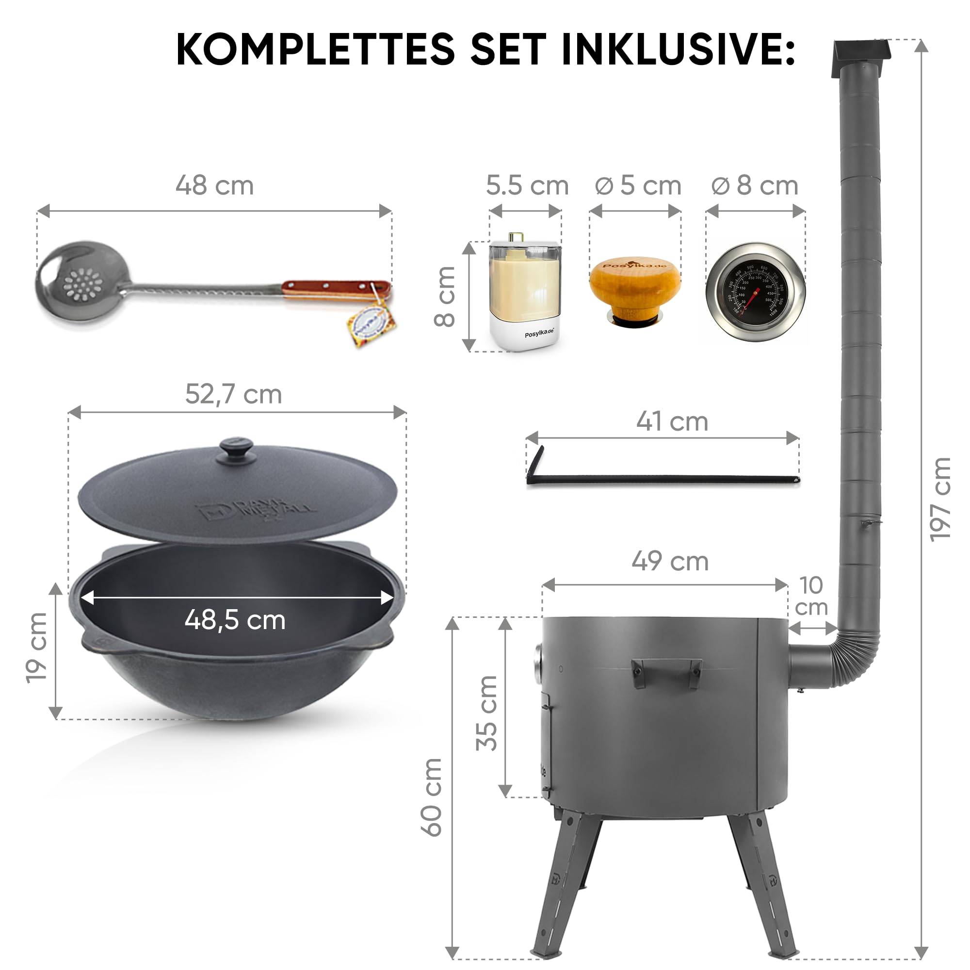 Utschak Feuerofen Ø 49 cm & Gusseisen-Kasan 22 L | Kazan-Set mit Deckel | Usbekischer Kochtopf für Grill & Plov | Flacher oder Runder Boden Wählbar