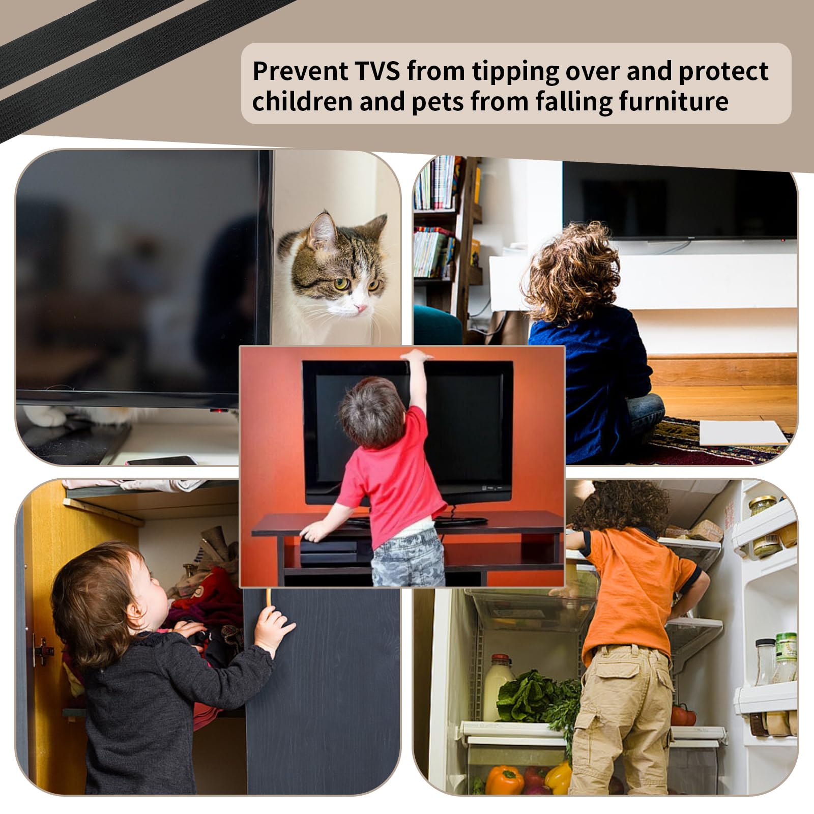 Cinghie Di Sicurezza Per TV E Mobili – Confezione Da 4, Antiribaltamento, Adesivi Forti, Senza Fori, Regolabili, Protezione Bambini E Animali, 16 Piedi - 2