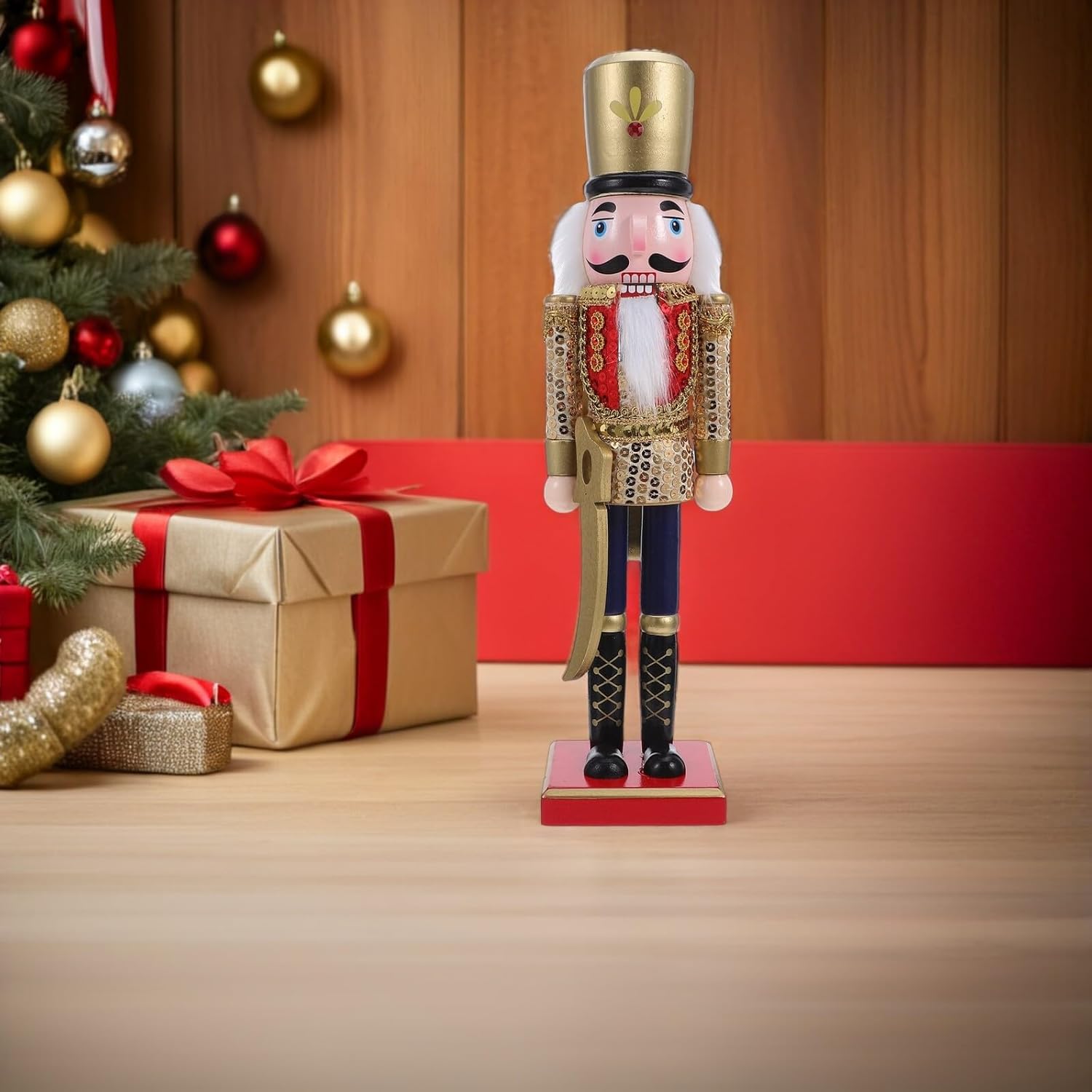 VICASKY Nutcracker Christmas Decor Wooden Nutcracker Soldier Figurine 38cm Gold Glitter Sequins Walnut Soldier Ornament Festive Xmas Table Decoration