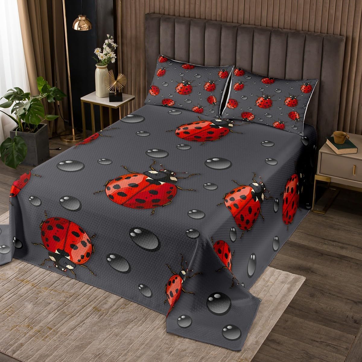 Erosebridal Ladybug Quilted Twin Size Red Ladybugs Bedspread for Kids Child,Cute Ladybird Coverlet Set Beetles Bugs Pattern Quilt Set Lady Beetle Raindrop Black Background Room Decor