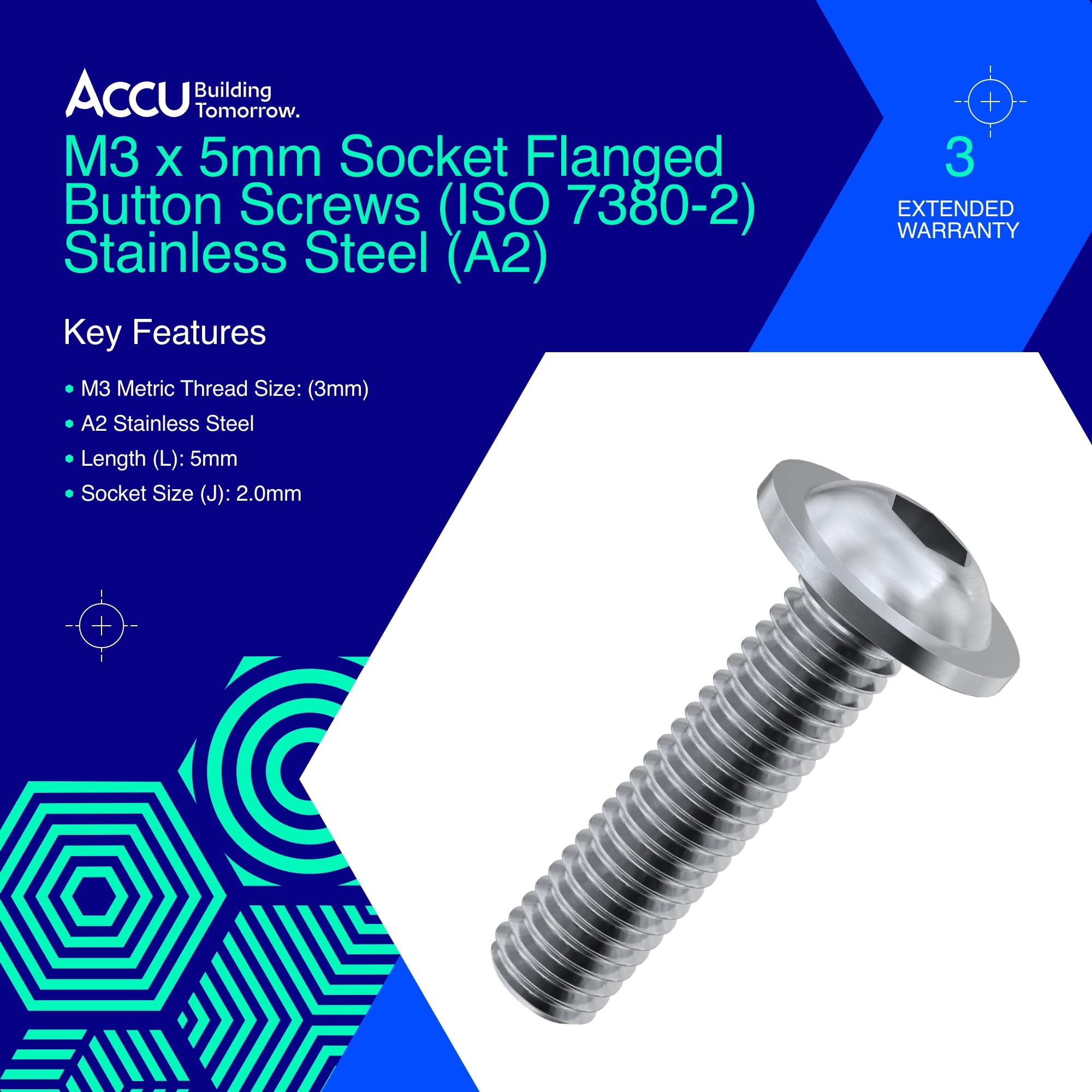 Accu - M3 x 5mm Socket Flanged Button Screws (ISO 7380-2) - Stainless Steel (A2) (Pack of 200) - Image 2