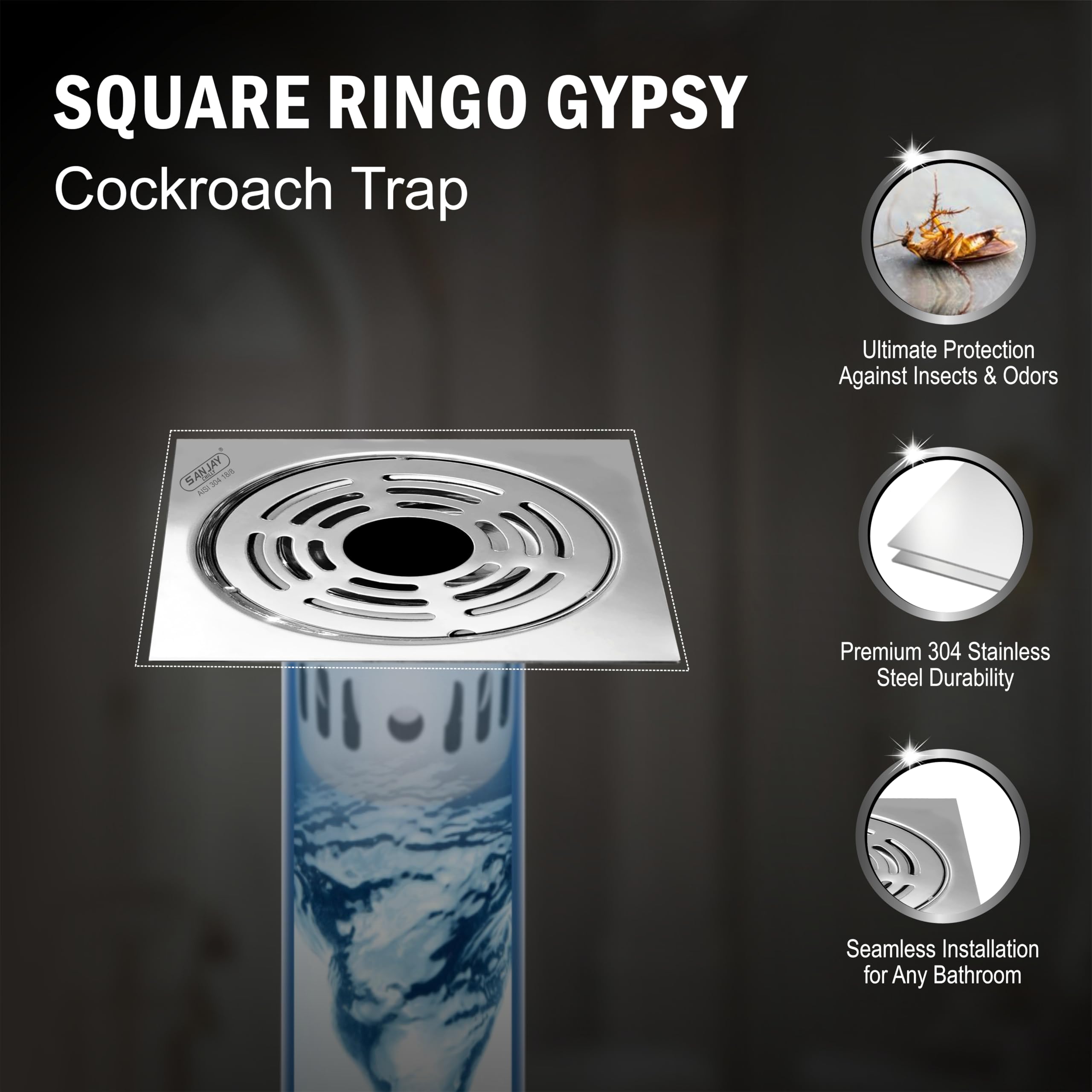 Sanjay Chilly Square Ringo SS Floor Drain Cockroach Trap with Hole for Bathroom 304 Grade | Kitchen Sink Floor Drain Cover Jali Water Drainer Stainer Bathtub Washbasin (Ringo Gypsy 4x4 INCH Silver) 2
