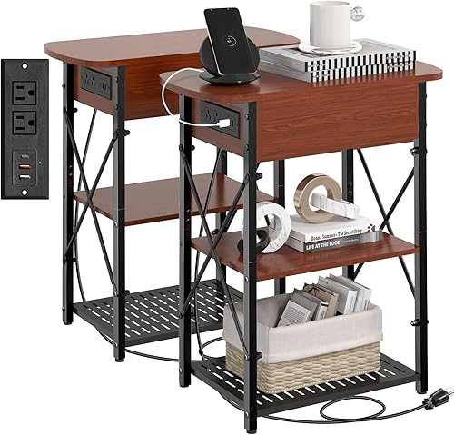 Miniatura 11 de Livofloral Mesa auxiliar estrecha con estación de carga, juego de 2 mesas auxiliares para espacios pequeños, mesa auxiliar abatible con Negro