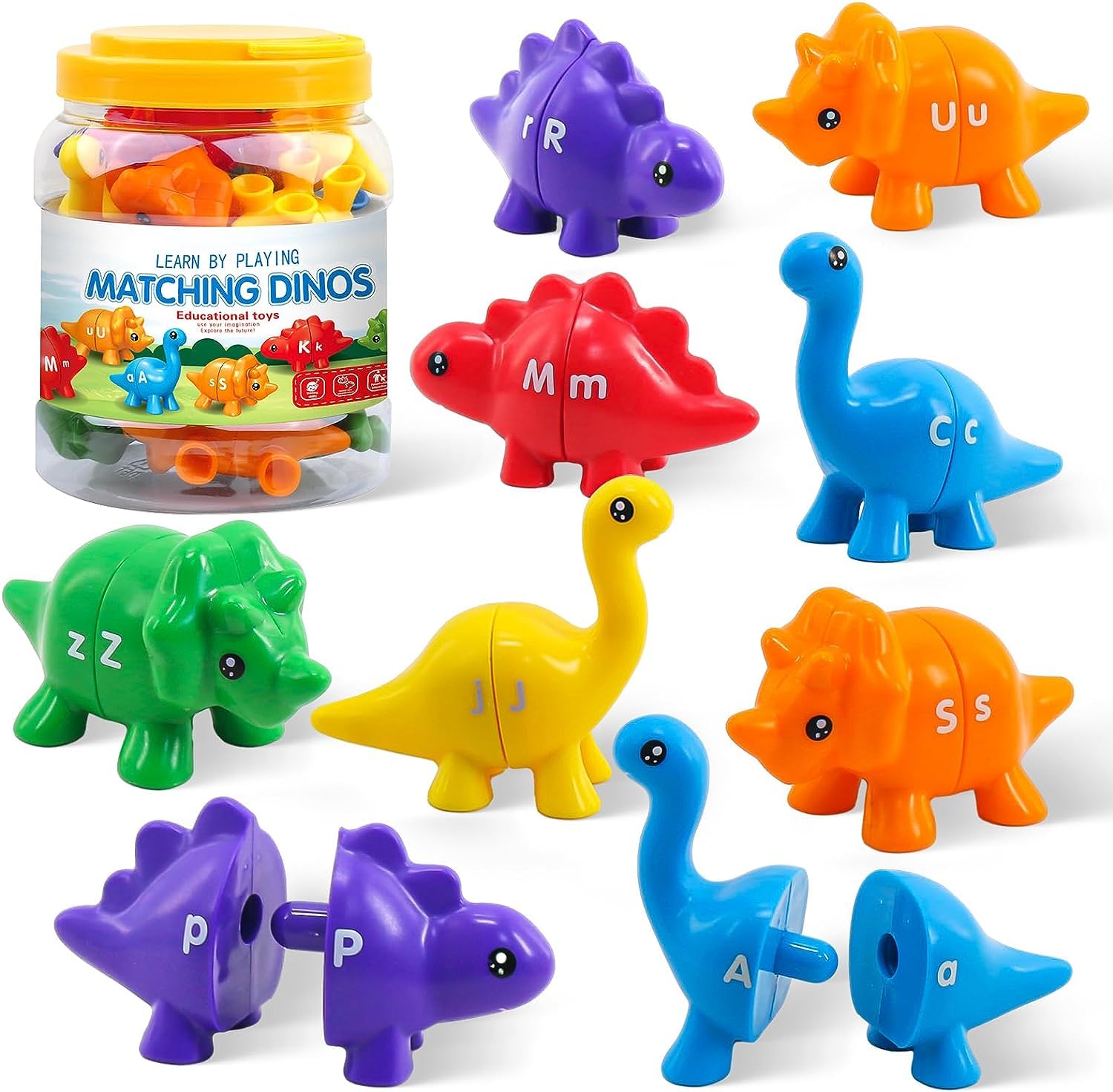 Montessori Learning Toys for Toddlers 1-3, Matching Letters Fine Motor Toy, Double-Sided 26 PCS ABC Dinosaur Alphabet Games for Kids Ages 3-5, Alphabet Learning Dinosaur Set for Kindergarten