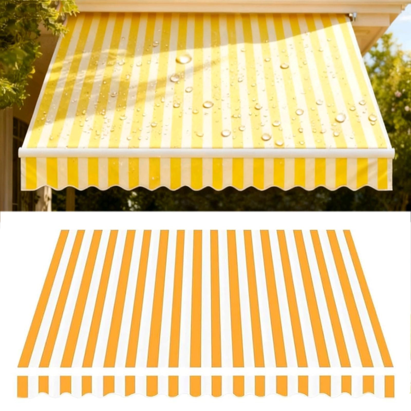 Manual Retractable Outdoor Patio Awning Replacement Fabric (without Frame) 280g Ployester Garden Sunshade Shelter Canvas Canopy with Front Valance(Size:6x2m,Color:Yellow White Stripes)