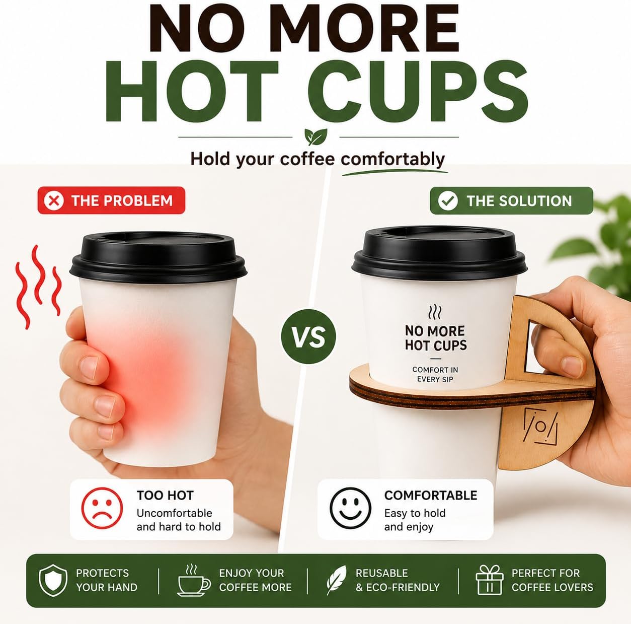 JO! 2-Pack Coffee Cup Holder Wood Sleeve, Reusable, Natural 3.15x4.13in image 2