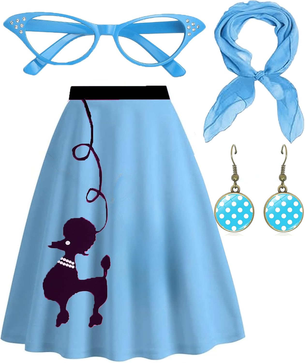 Womens Poodle Skirts 1950s Outfits Adult Halloween Costumes 2026 with Scarf Glasses Vintage Earring Skirts 4 Pcs Set