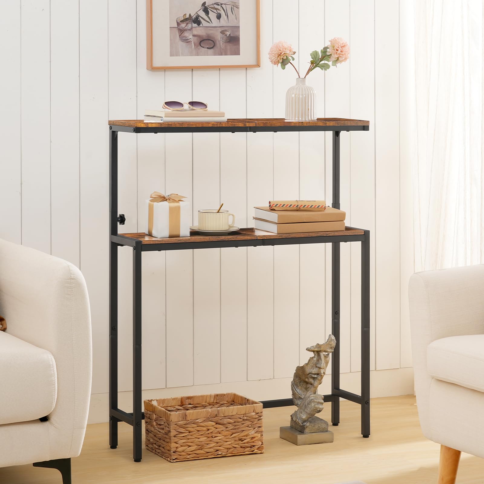 HOOBRO Lot de 2, Table d’Entrée à 2 Niveaux, Table de Canapé de Style Industriel, pour Petits Espaces, Couloir Étroit, Salon, Hauteur Réglable de 80 à 100 cm, Marron Rustique et Noir EBF96XGP201