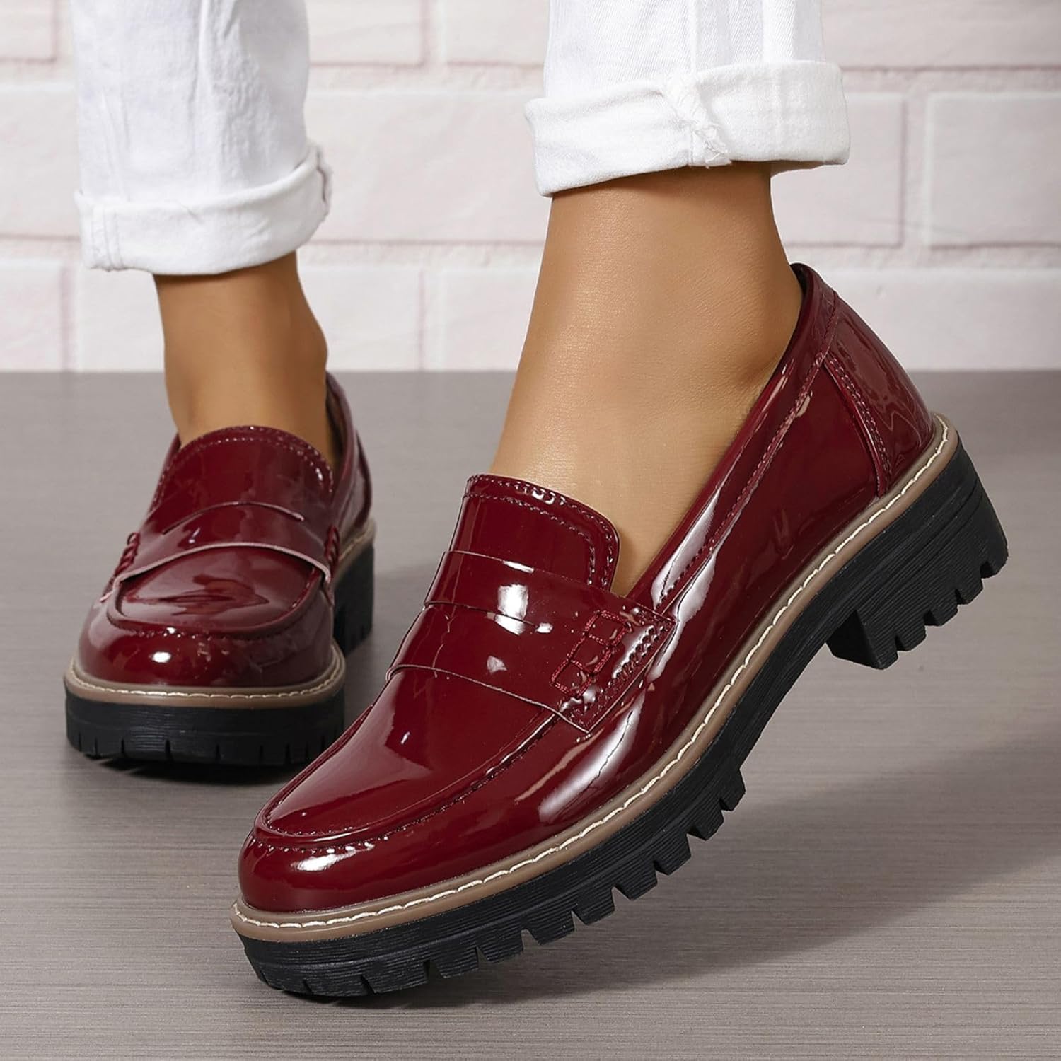 Chunky Heel Penny Loafers for Women Glossy Patent Leather Retro Comfortable Round Toe Anti-Slip Lug Sole Platform Slip On Loafers Casual Work Business Dress Shoes - Image 3