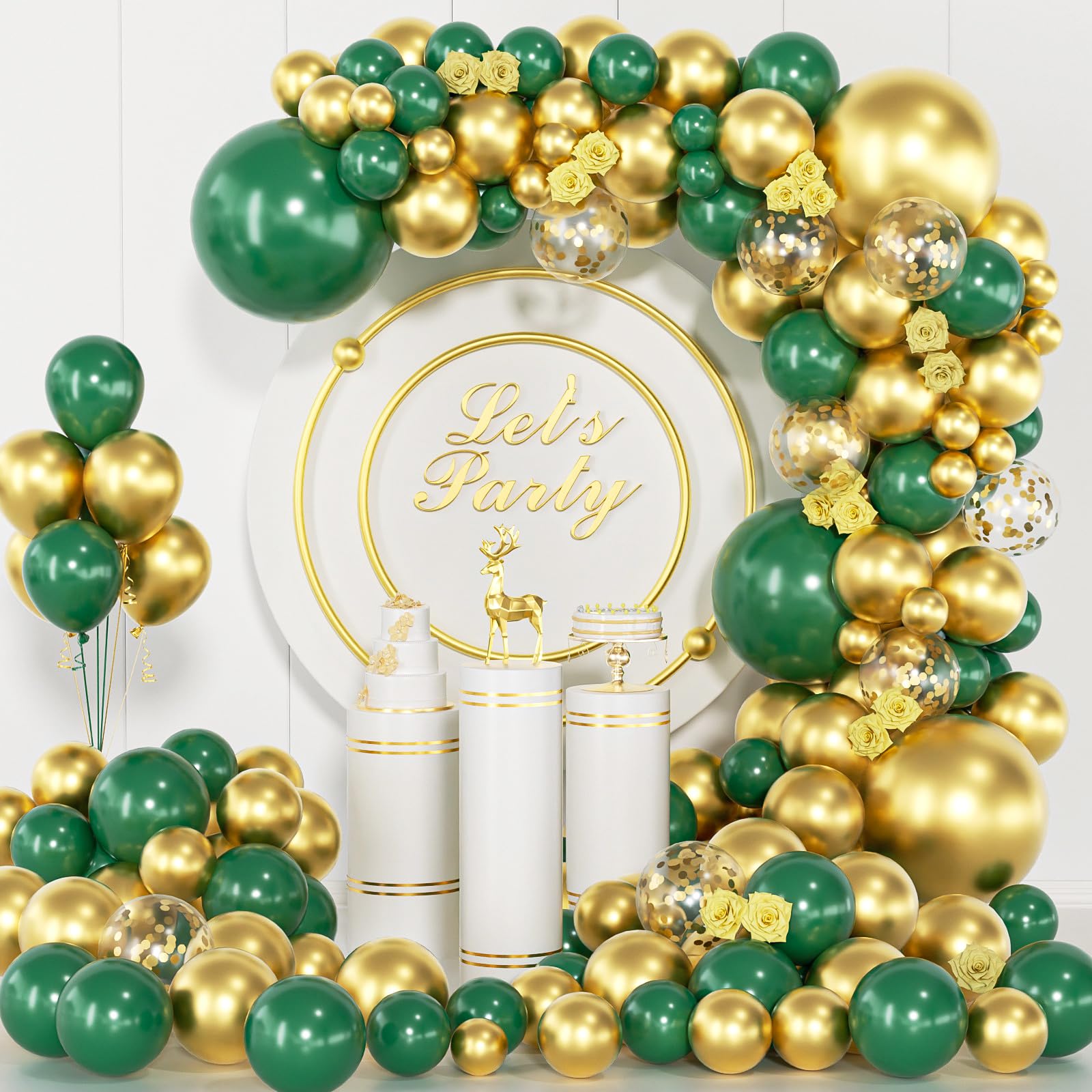 ADOINBY Green and Gold Balloon Arch Kit - 140pcs Metallic Gold and Dark Green Balloons (18", 12", 10", 5") for Birthday, Anniversary & Jungle Party Decorations