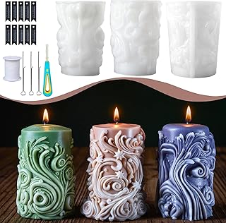 Irregular Wave Pillar Candle Molds Set for DIY Candle Making Silicone Mould with Candle Wicks,Supporting Sticks,Hand Drill,Handmade Tags Craft Supplies Twisted Spiral Cylinder Resin Plaster Soap Mold