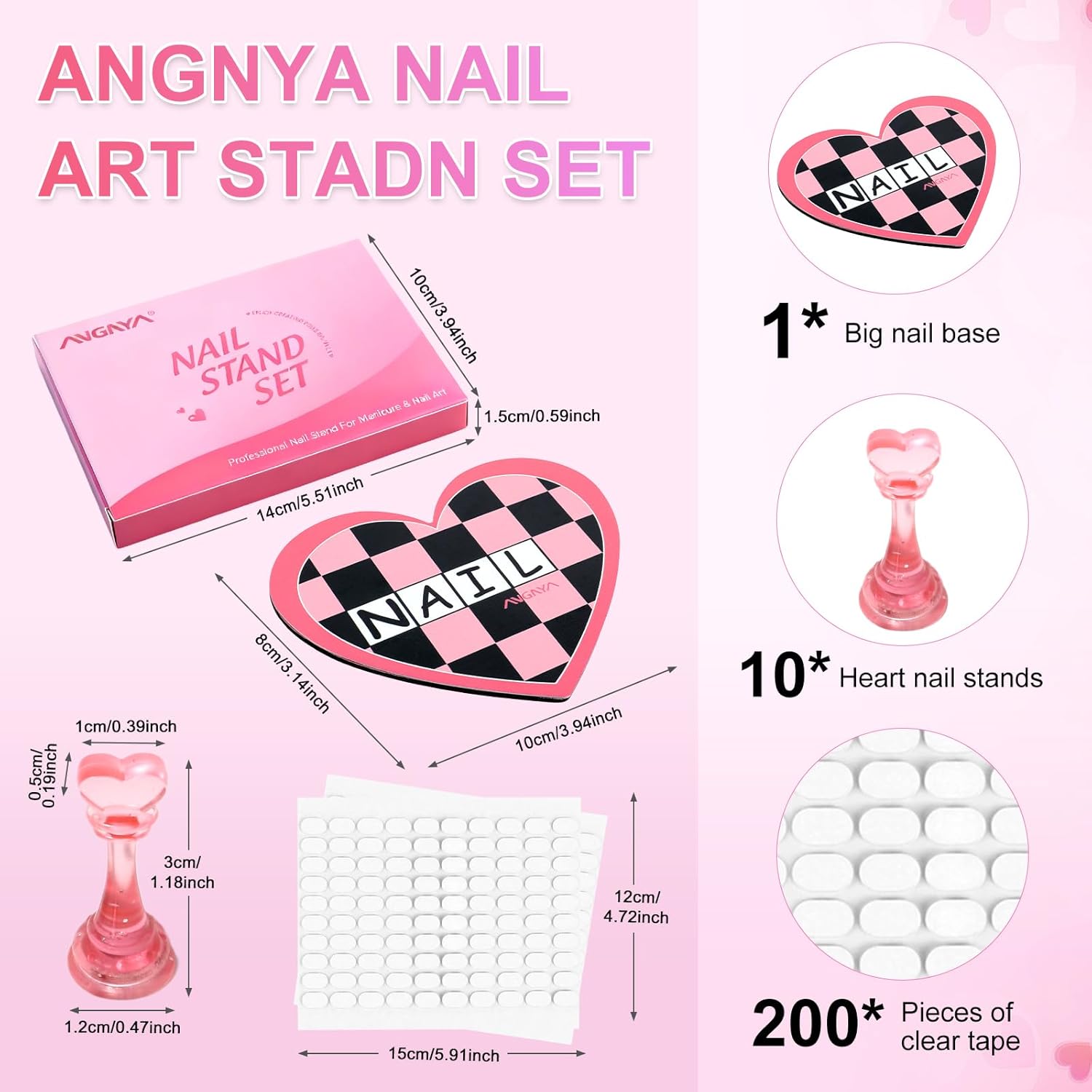 ANGNYA Nail Stand for Press Ons, Heart Shape Super Magnetic Base Nail Holder for Painting Nails with 200 Pcs Reusable Double-Sided Tape for Nails Practice Nail Tools Home DIY Salon Supplies