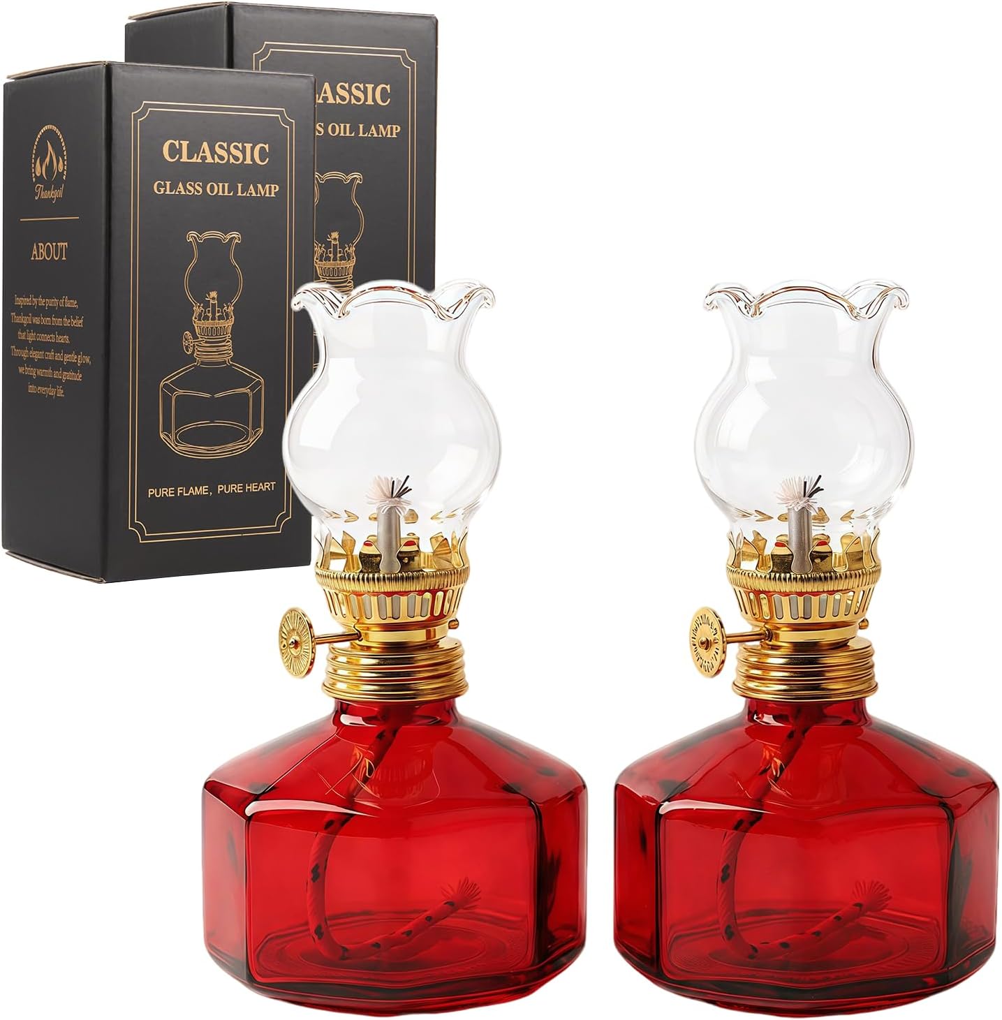 Vintage Glass Oil Lamp 260ml 40H Burn Time, Classic Kerosene Hurricane Lantern with Adjustable Wick, Decorative Oil Lantern for Indoor Outdoor Tabletop Decor Emergency Lighting (2, Clear)