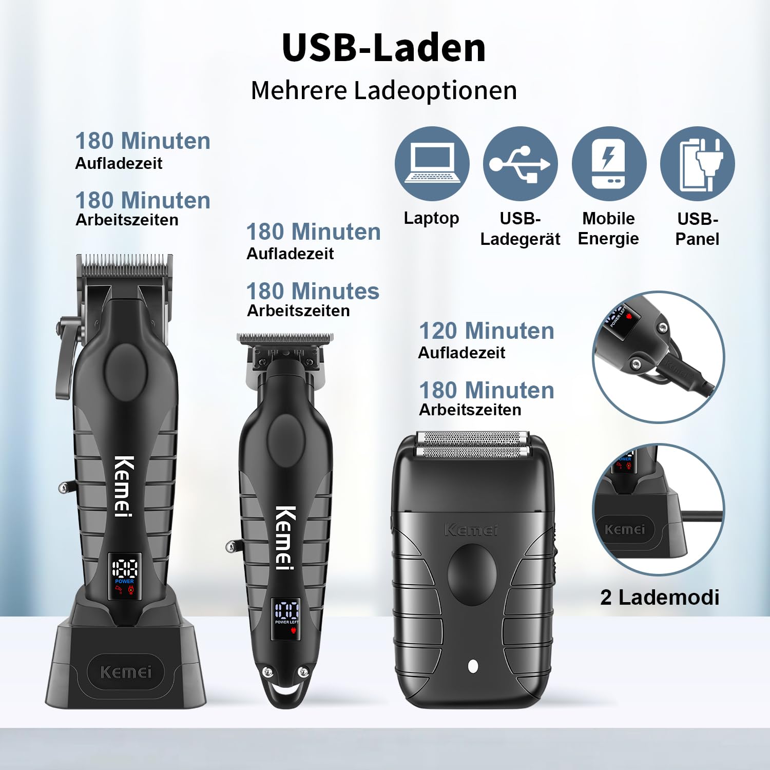 KEMEI Profi Barber Haarschneidemaschine Set für Herren, Kabellos Elektrisch T-Klingen Haarschneider Folienrasierer Kit, USB Wiederaufladbare Friseur Haarschneide Maschine Set mit 9 Führungskämmen