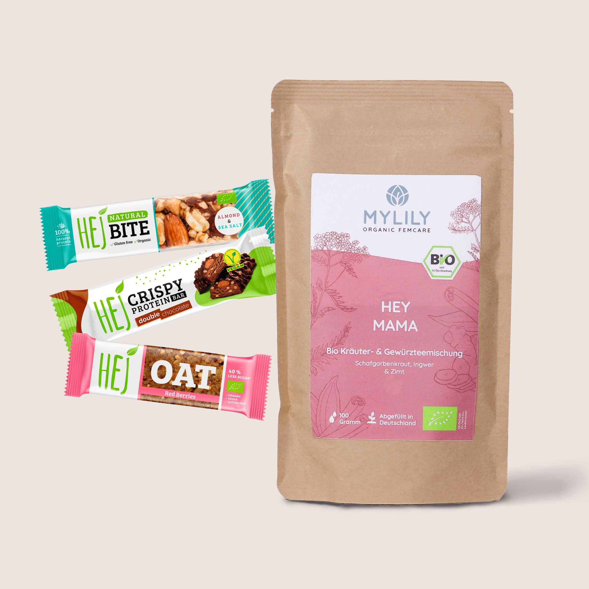 MYLILY® Hey Mama Kit I Mama Box dla kobiet w ciąży, wkładki do łóżka tygodniowego i akcesoria do łóżka tygodniowego, prezent dla przyszłej mamy, opracowany z położnymi, substancje odżywcze, z książką tygodniową (standard)