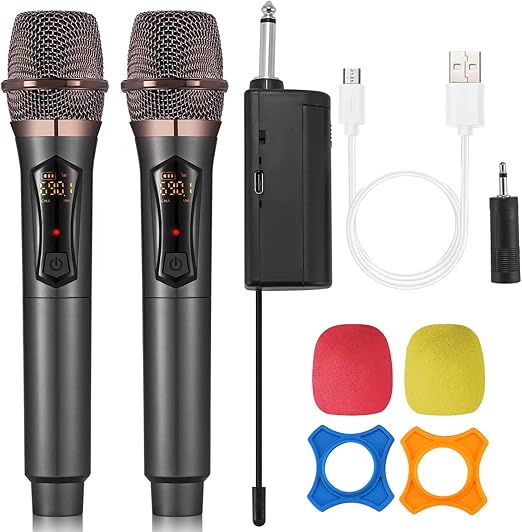 Microfono Wireless UHF - Doppio Set Con Ricevitore | Portata 60m, Batteria 40h | Per Karaoke, Chiesa E Eventi