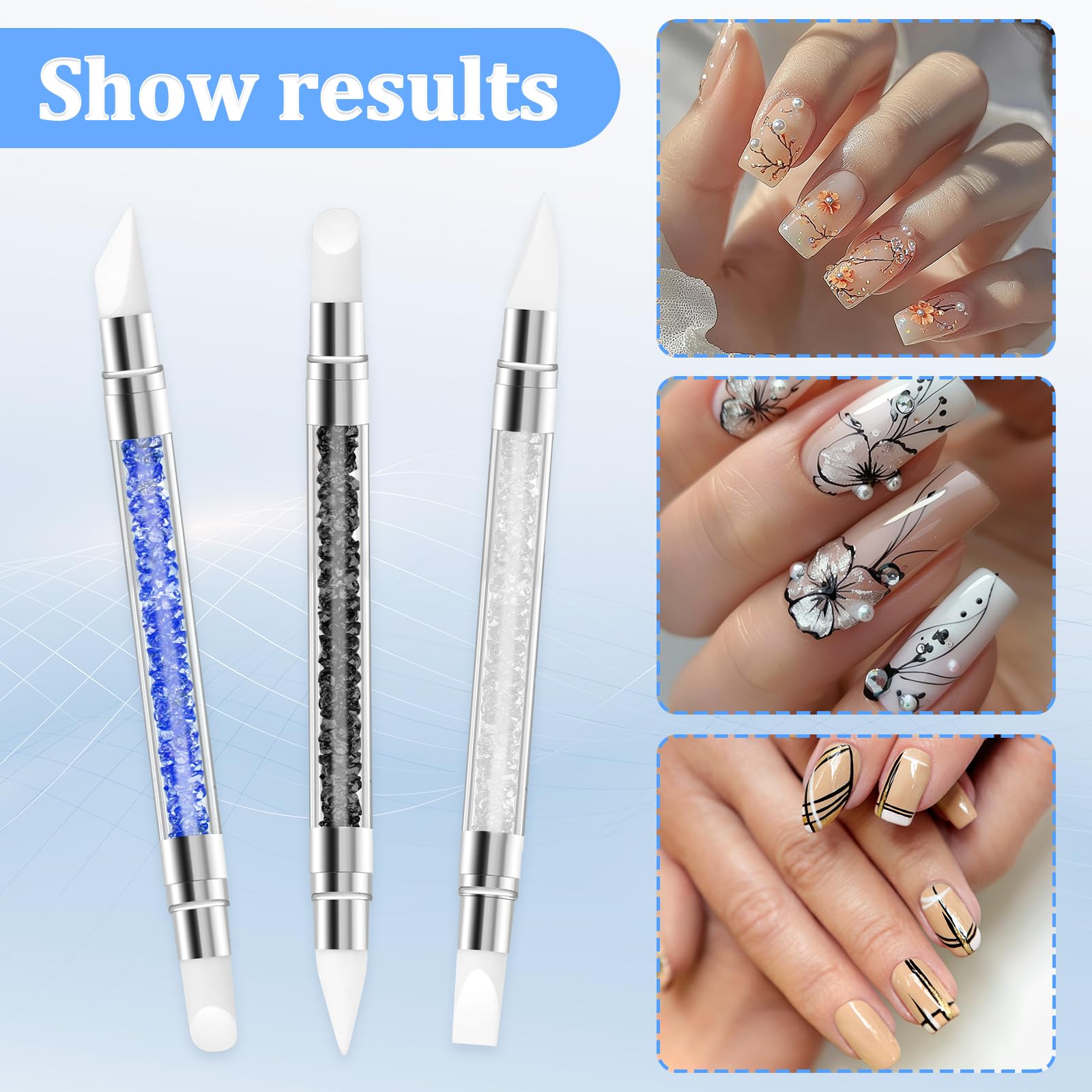 Silikonowe narzędzie do zdobienia paznokci, podwójna końcówka, silikonowa szczotka do paznokci, kryształ górski, do manicure, rzeźbienia, żelu, kształtowania, rysowania, folii, 3 szt