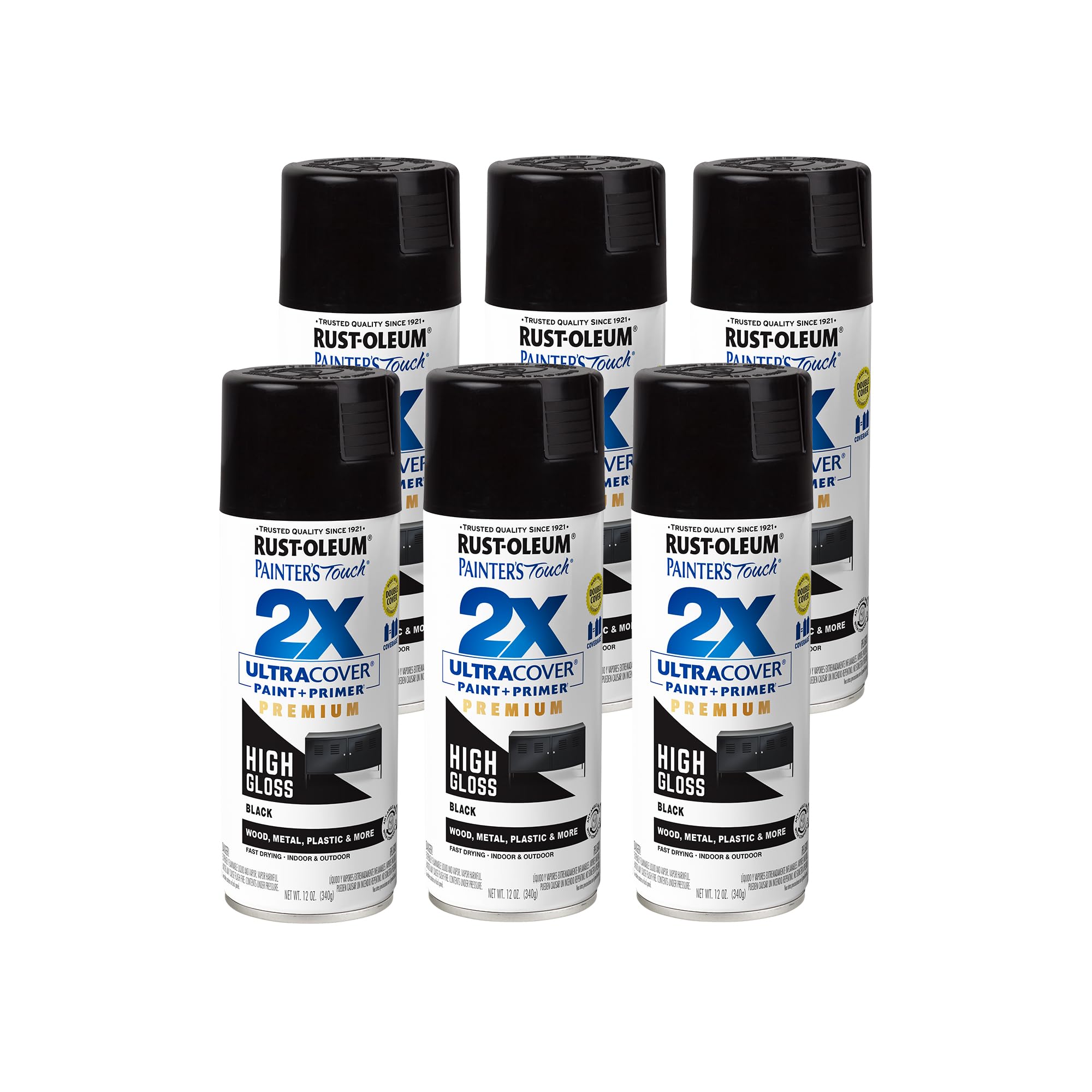 Rust-Oleum 331172-6PK Painter's Touch 2X Ultra Cover Spray Paint, 12 oz, High Gloss Black, 6 Pack