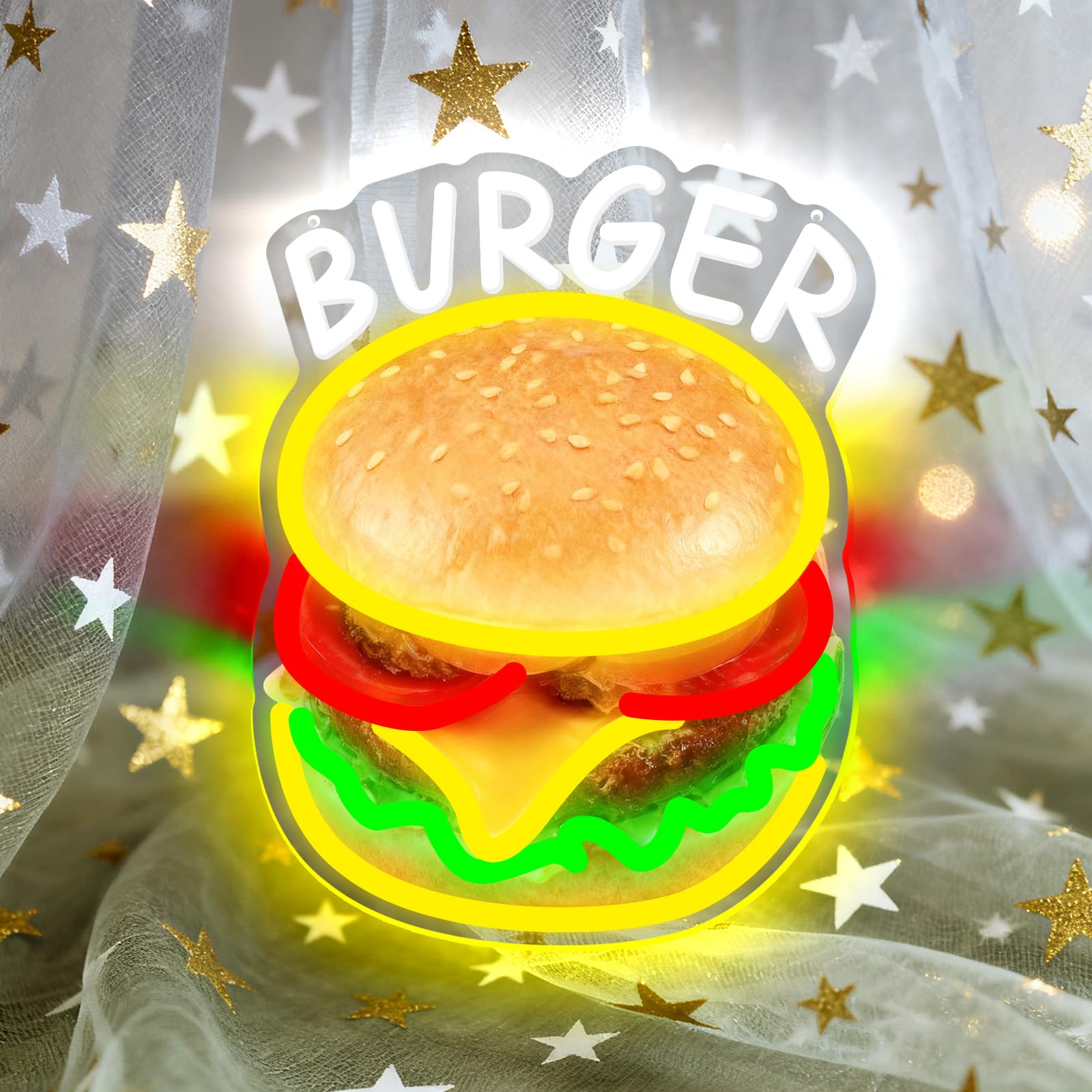 Burger Neon Sign USB Powered Wall Decor Dimmable LED Wall Light UV Print Hamburger Shaped Light Suitable for Lighting Up Restaurants Bars Food Truck and Small Restaurants Decoration Gift