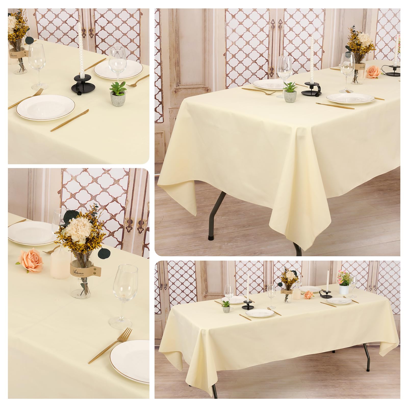 Pesonlook Paquete de 10 manteles de poliéster beige de 60 x 102 pulgadas para mesas rectangulares de 6 pies, mantel lavable para bodas, recepciones, banquetes, fiestas