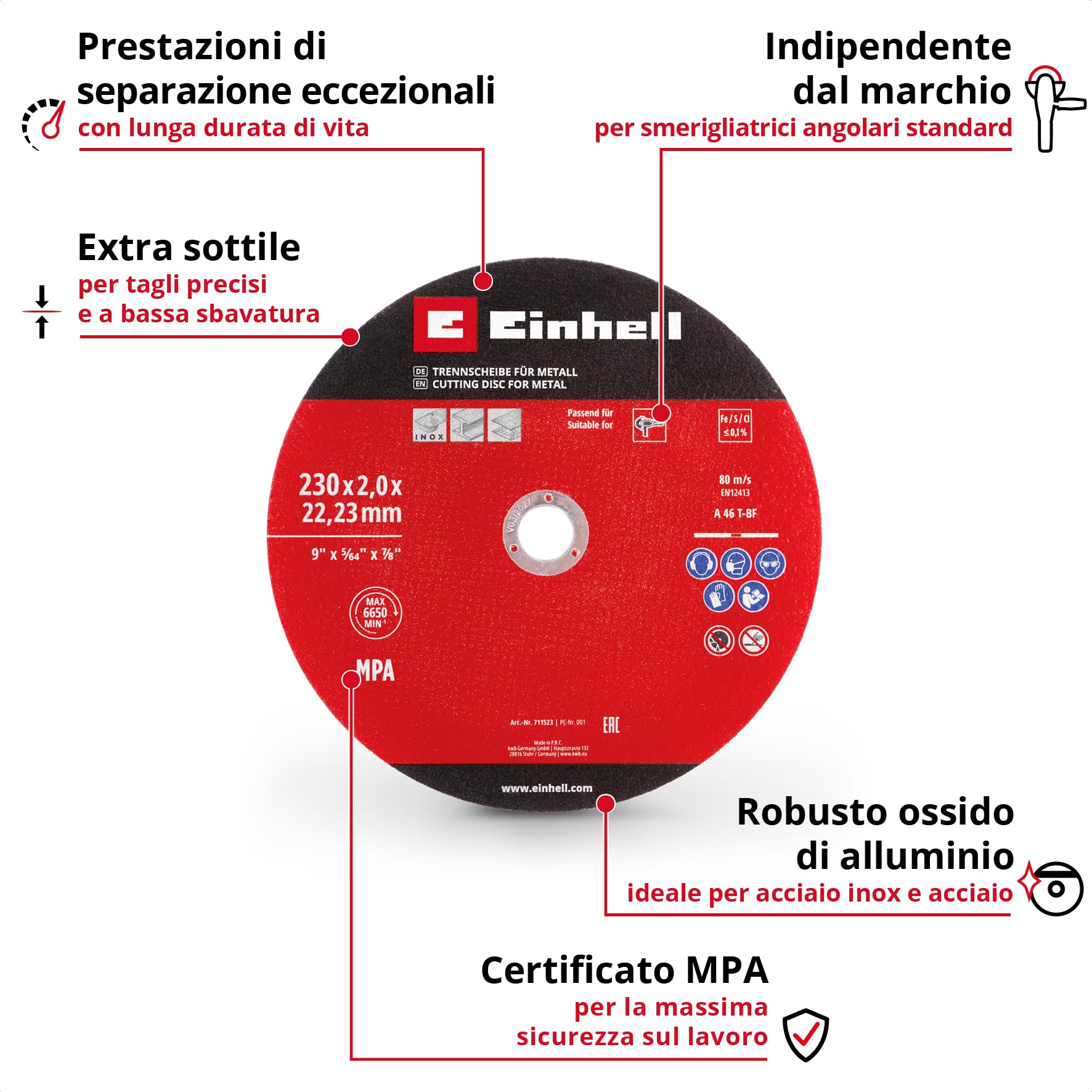 Originale Einhell Set di 3 pezzi di dischi da taglio sottili per metallo, Ø 230 mm (spessore 2 mm, certificato MPA, lunga durata, tagli precisi e a bassa sbavatura, per smerigliatrici angolari)