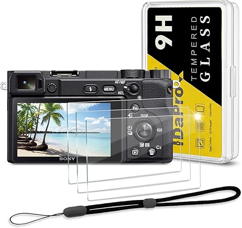 Protector de pantalla para Sony Alpha A6600 A6400 A6300 A6100 A6000 A5000 y cordón de mano [3+1 unidades] Vidrio templado fácil instalación