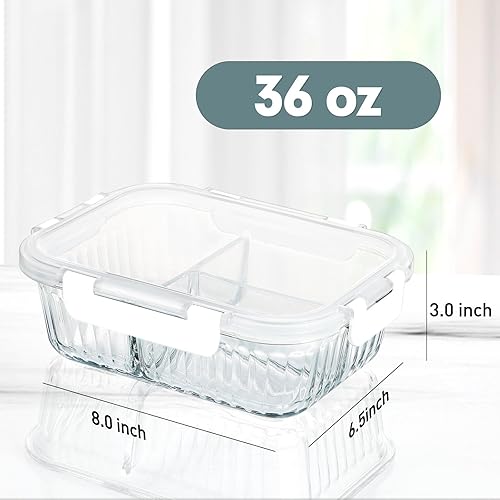 Miniatura 2 de KOMUEE Recipientes de vidrio para preparación de comidas, 3 compartimentos con tapas, paquete de 5 unidades de 36 onzas, herméticos para