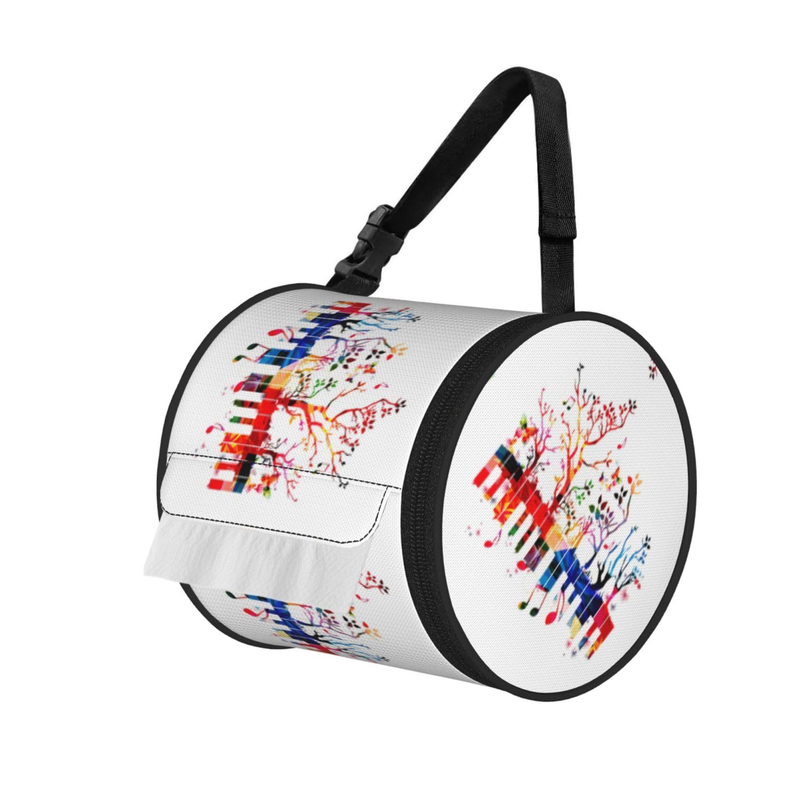 Jiuty Black Colorful Piano Keyboard Music Note Print Cylinder Tissue Organizer Bag With Strap, Portable Toilet Roll Holder For Camping Car