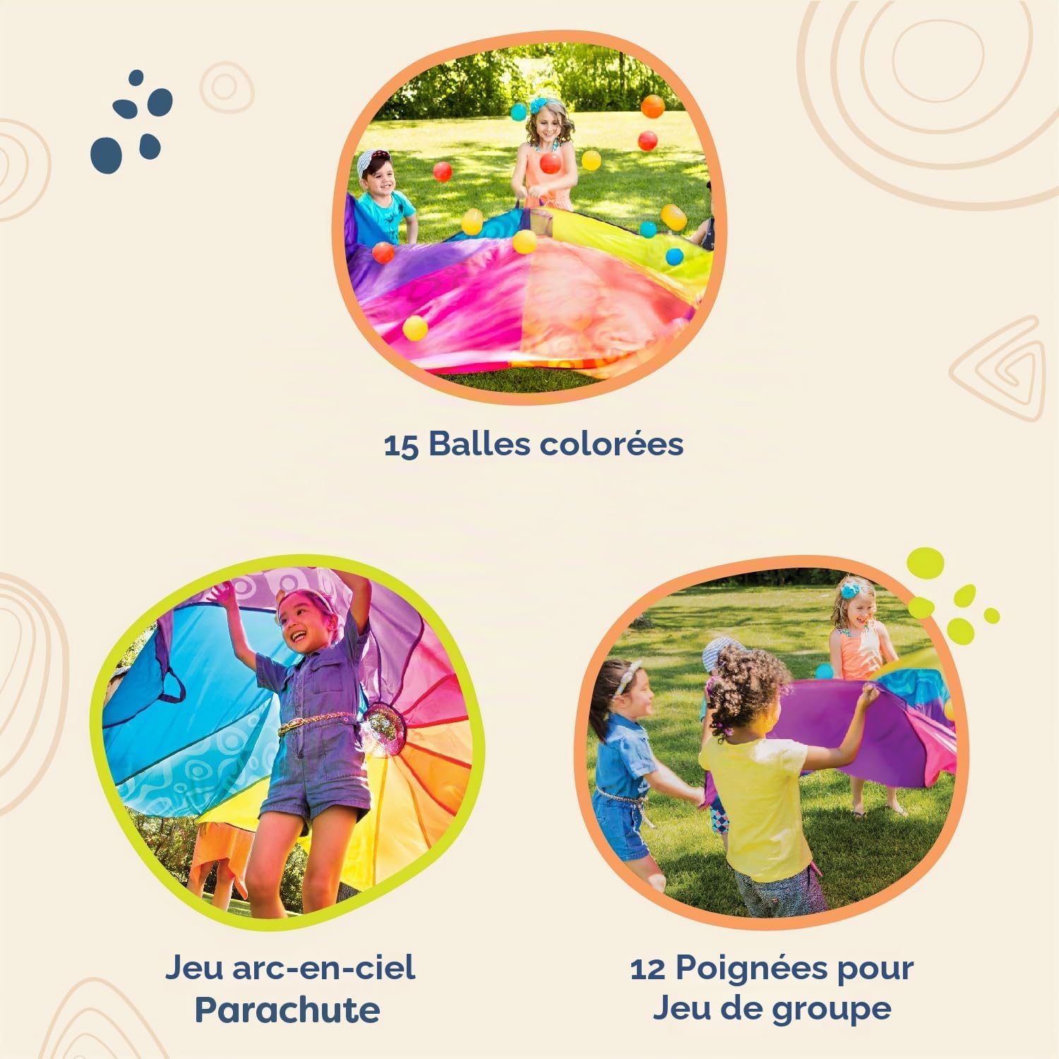B. toys Woo-Hue Parachute, Parachute de Jeu Arc-en-Ciel, 2,44 m, Lot de 16 | 15 balles colorées, 12 poignées tissées, guide de jeux pour la cour et le parc, fort ou tente à vent, Parachute, 3 ans et +