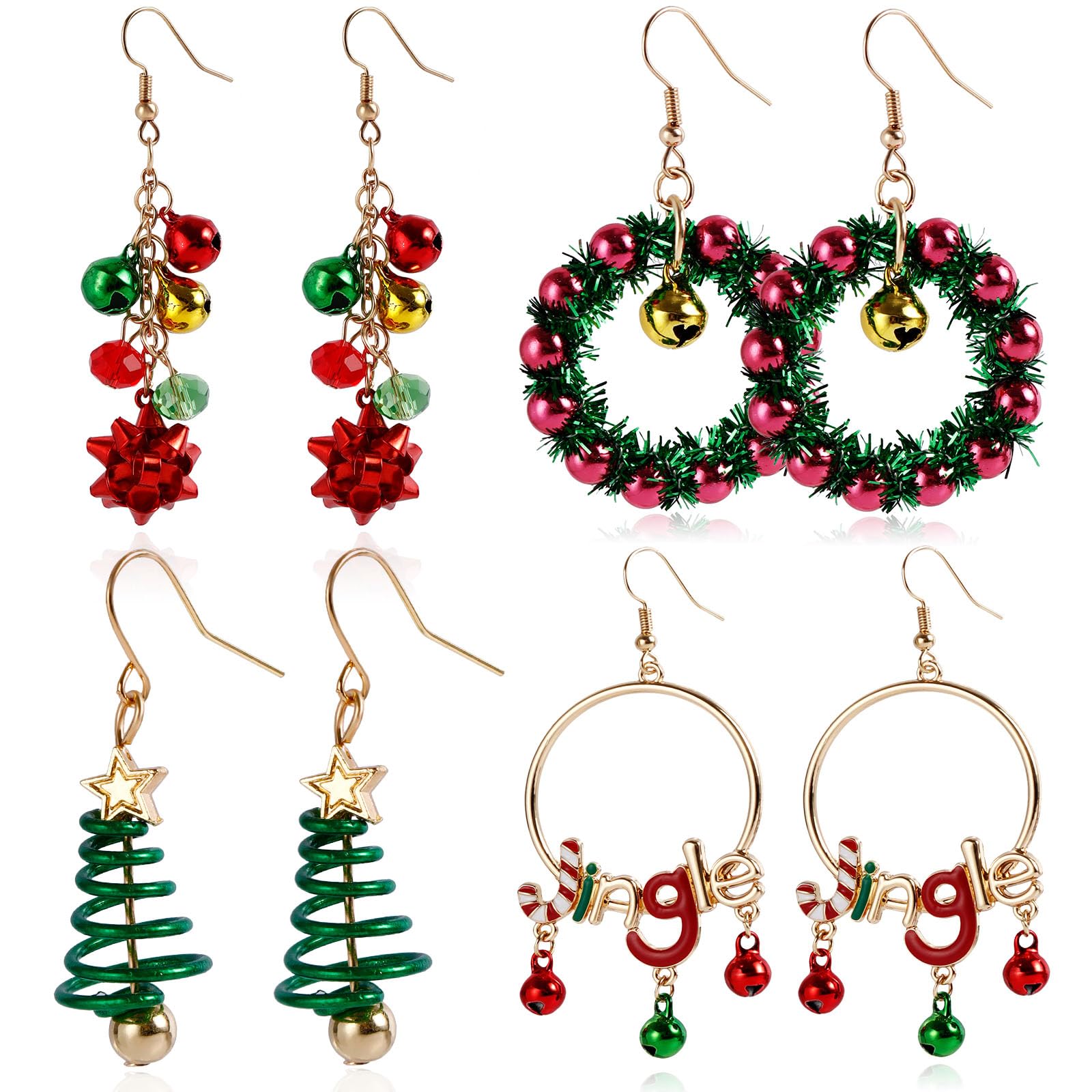 Christmas Earrings For Women Christmas Dangle Earrings Holiday Earrings Christmas Tree Wreath Christmas Bow Jingle Ball Earrings Christmas Jewelry Decorations 4 Pairs