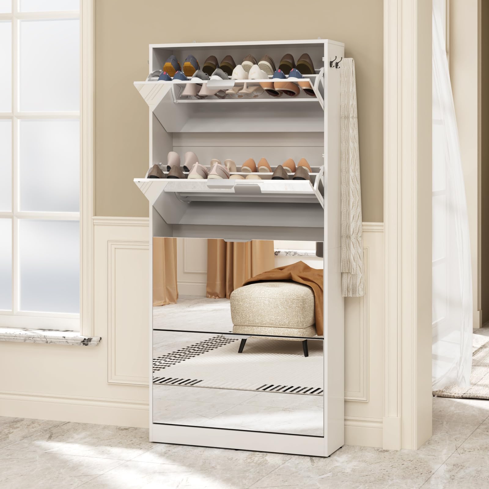 MONDAWE Rattan Shoe Cabinet With Flip Drawers, Freestanding Shoe