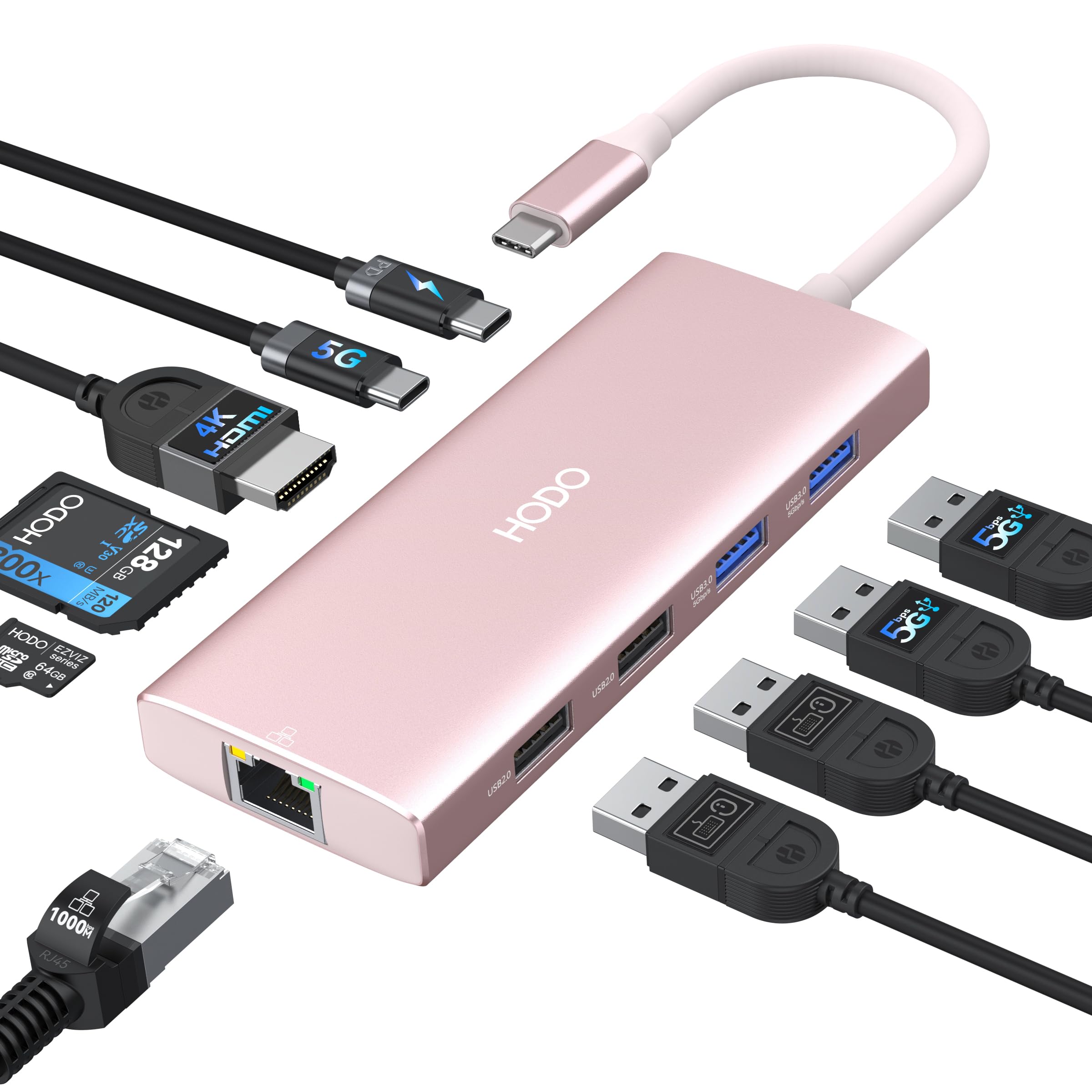 USB-C Hub Ethernet für MacBook Air, Adapter Mac Book Zubehör 10 in 1 mit 4K 60Hz HDMI, Ethernet, 100W PD, SD TF Kartensteckplatz, 4USB und USB C Datenport, Type C Dongle für iPad, Surface