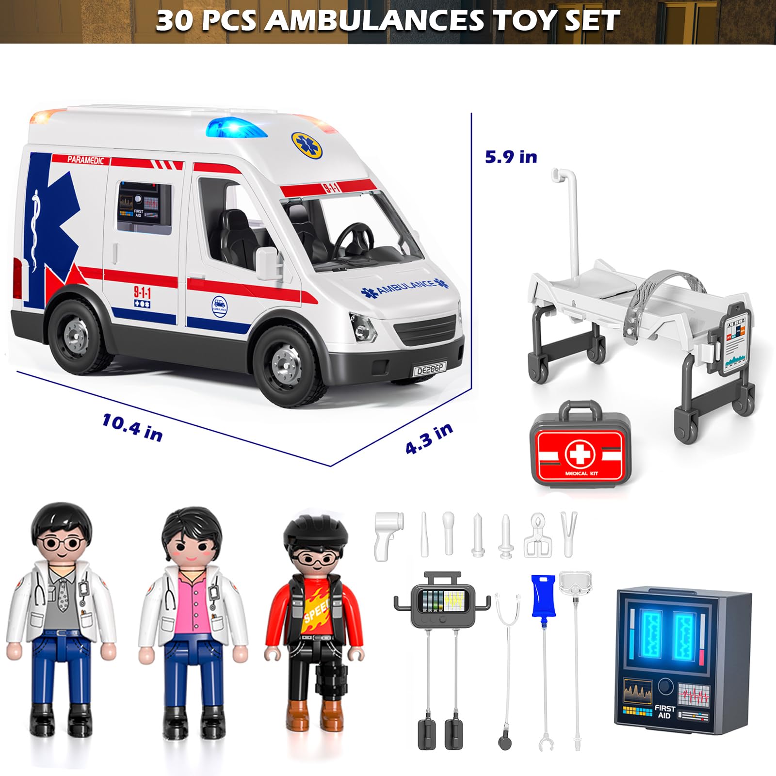 Doloowee Ambulance Toy Truck Lights & Sounds Toddler Toy Ambulance with Accessories