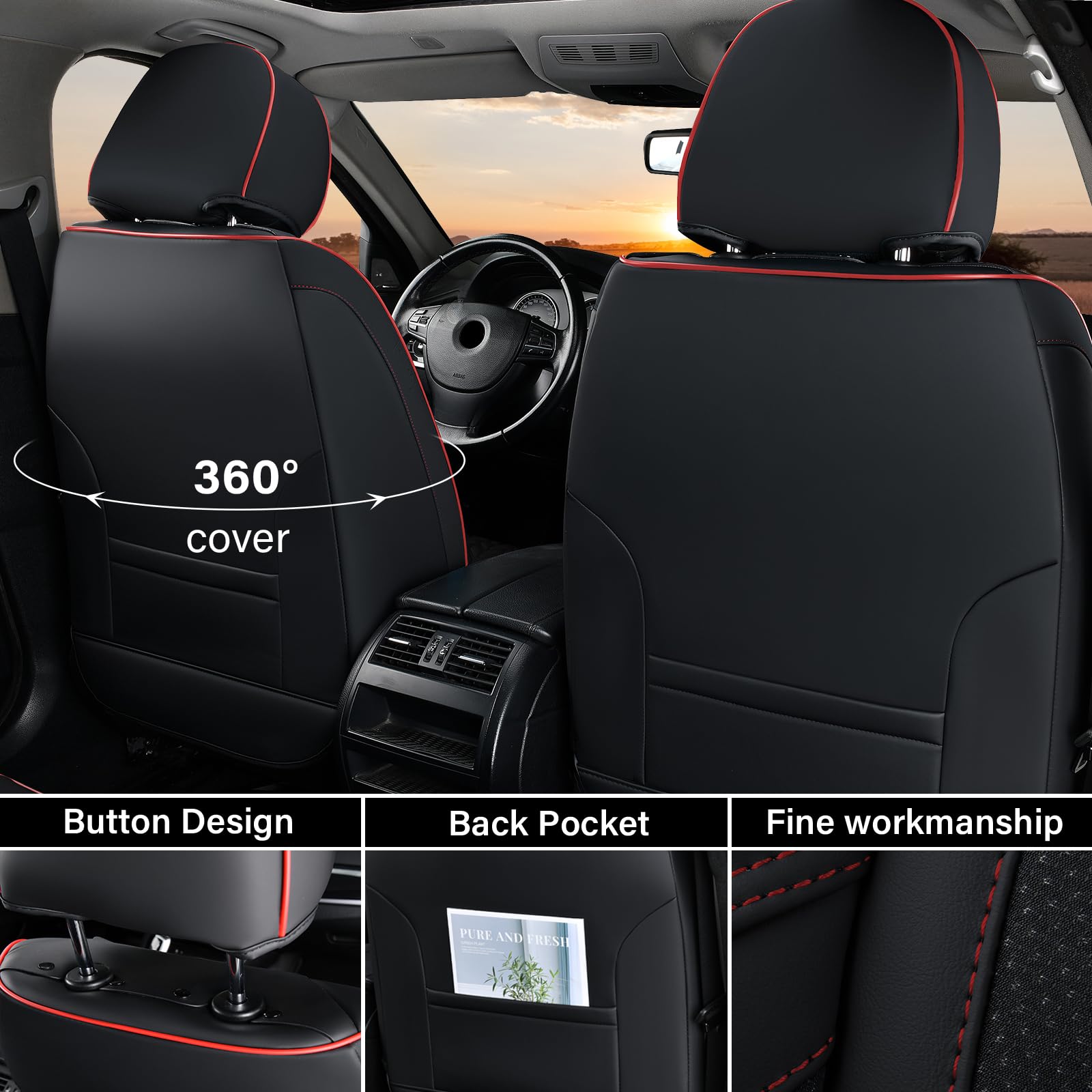 Coverado Housse de siège Voiture Cuir, Respirant Protection Siege Voiture Universelle pour 5 Places avec Soutien Lombaire, Ensembles de Housses de siège imperméable pour berline SUV Pick-up
