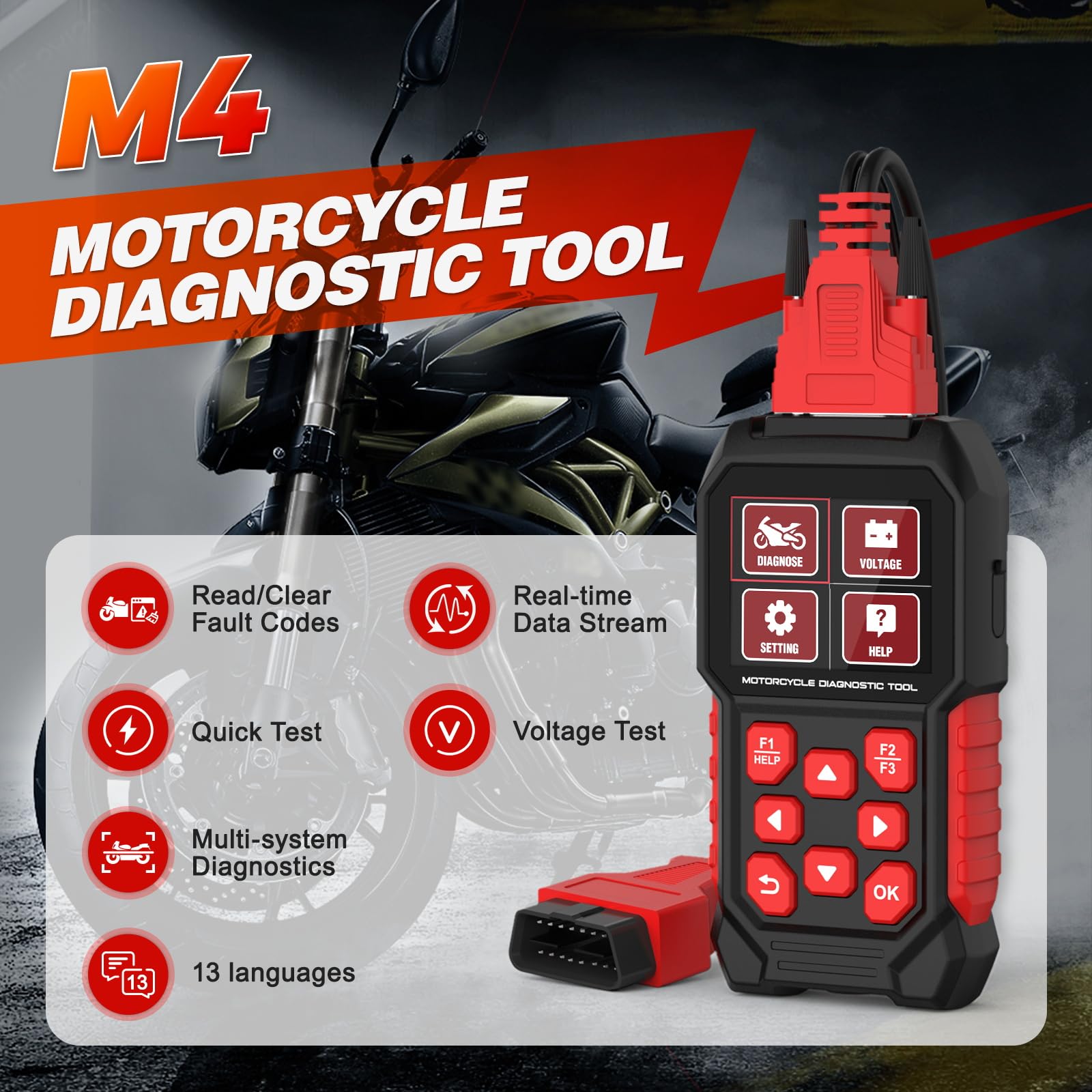 Outil de Diagnostic de Moto M4, Lecture/Effacement des Codes d'erreur, Test Rapide et de Tension, Lecteur de Codes de Moto, Scanner