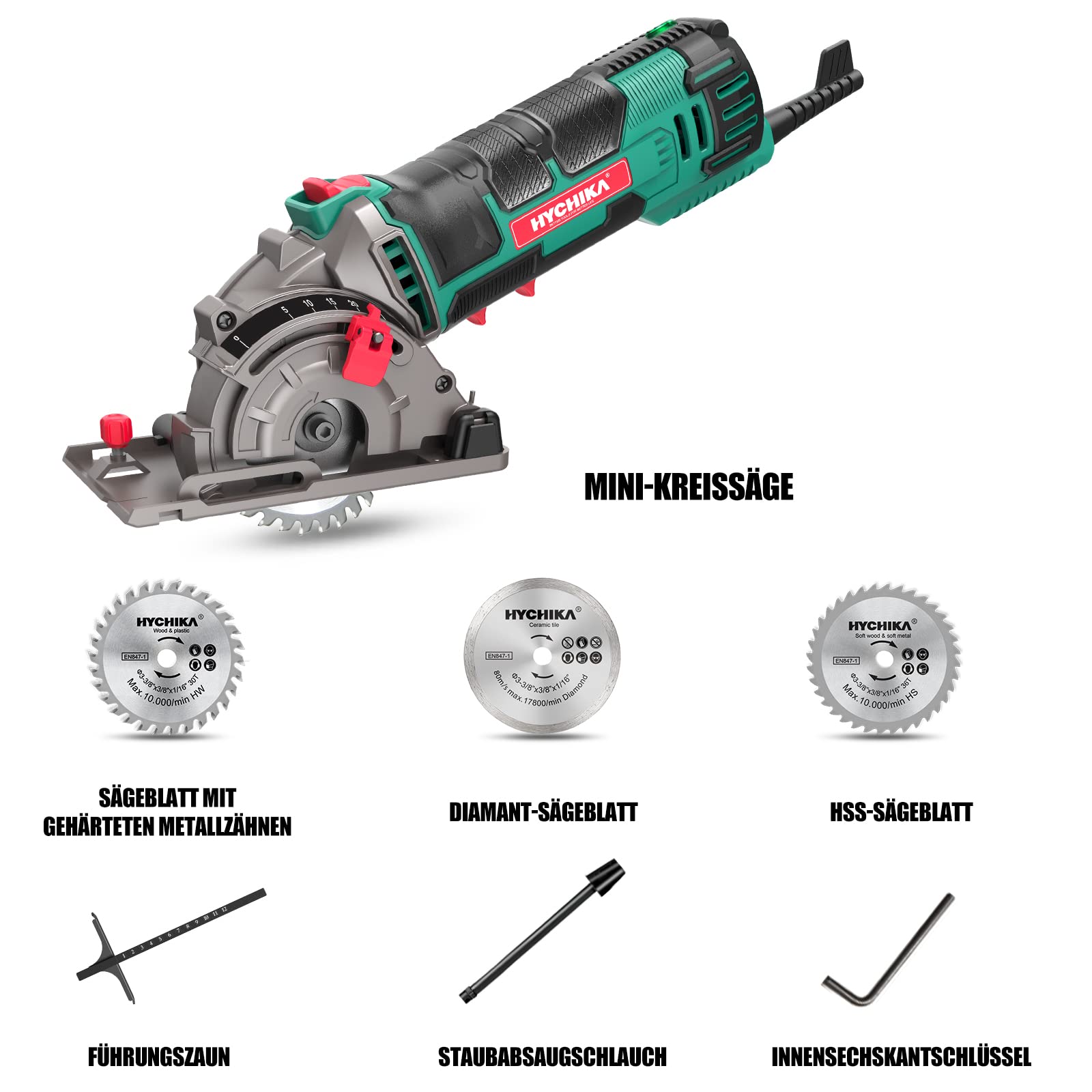 HYCHIKA Mini Kreissäge, Handkreissäge mit 3 Sägeblättern, Skalenlineal, 500W Motor aus reinem Kupfer, 4500RPM, Ideal für Holz-, Weichmetall-, Fliesen- und Kunststoffschnitte