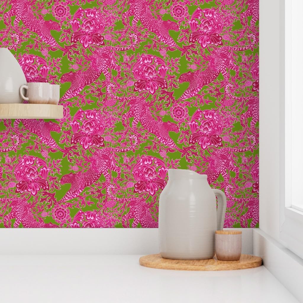 Peel & Stick Wallpaper 3ft x 2ft - Chinoiserie Maximalist Chintz Cheetah Jungle Hot Pink Bright Neon Custom Removable Wallpaper by Spoonflower