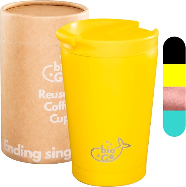 bioGo Reusable Coffee Cup | No Spill Tumbler | Spill Proof Coffee Travel Mug for Women | Insulated Travel Coffee Mug with Lid | Hot Togo Coffee Thermos Bottle Men | to Go Cup (Yellow, 12oz /350ml)
