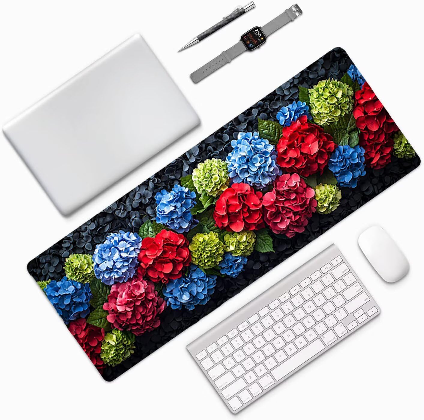 Lpfieonn Blume Großes Schreibtischunterlage, XXL Schreibtischunterlagen, Schwarz XXL Wasserdicht Gaming Mousepad mit Vernähter Rand und Rutschfeste Gummibasis, für Laptop/Hause/Büro 120x60cm PF-3771