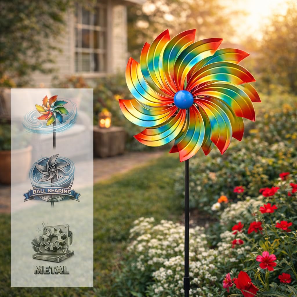 formano Molinillo de viento de metal para jardín, con rodamiento de bolas, diámetro de 40/128 cm, molino de viento, con estaca, resistente a la intemperie, decoración de jardín para arriates, césped y