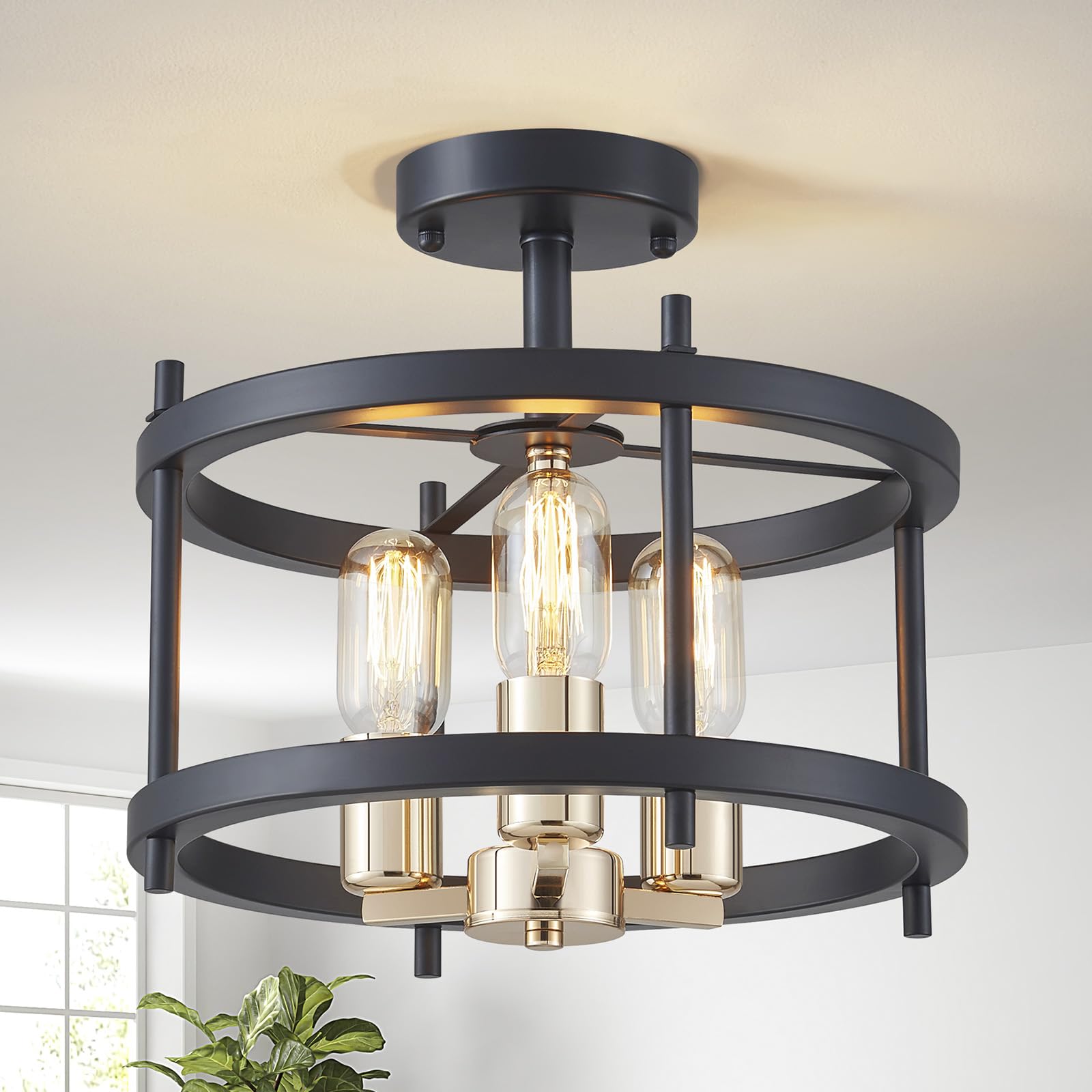 Saint Mossi Industrial Black Ceiling Light with Gold Accents, 3-Light Semi Flush Mount Ceiling Light Fixture, Modern Vintage E27 Chandelier for Living Room, Bedroom, Kitchen, Hallway, Ø33cm
