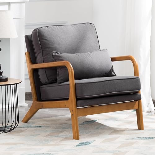 Silla decorativa con cojín, sillón tapizado moderno de mediados de siglo con tela de lino + marco de madera maciza para sala de estar, dormitorio,