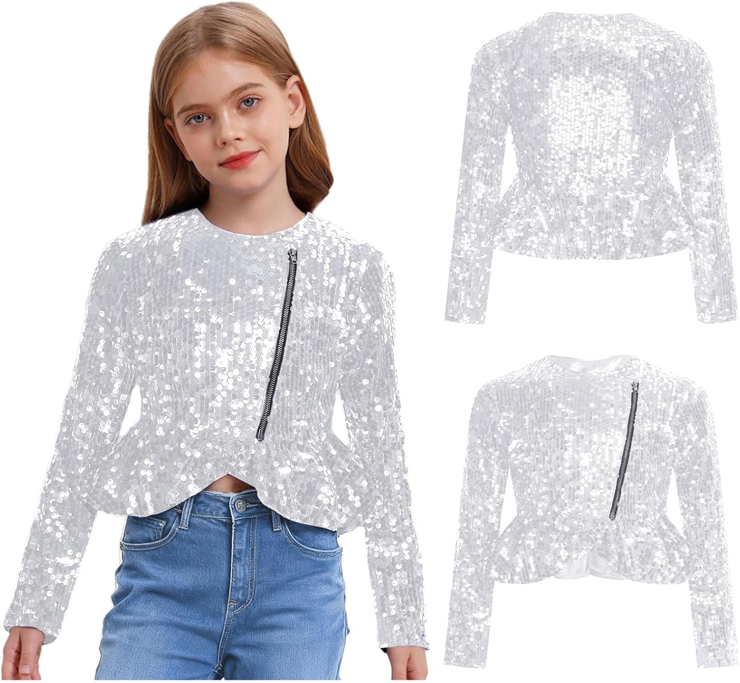 Hularka Girls Sequins Cropped Jacket Sparkly Dance Party Tween Glitter Double Zip Up Ruffled Dress Coat