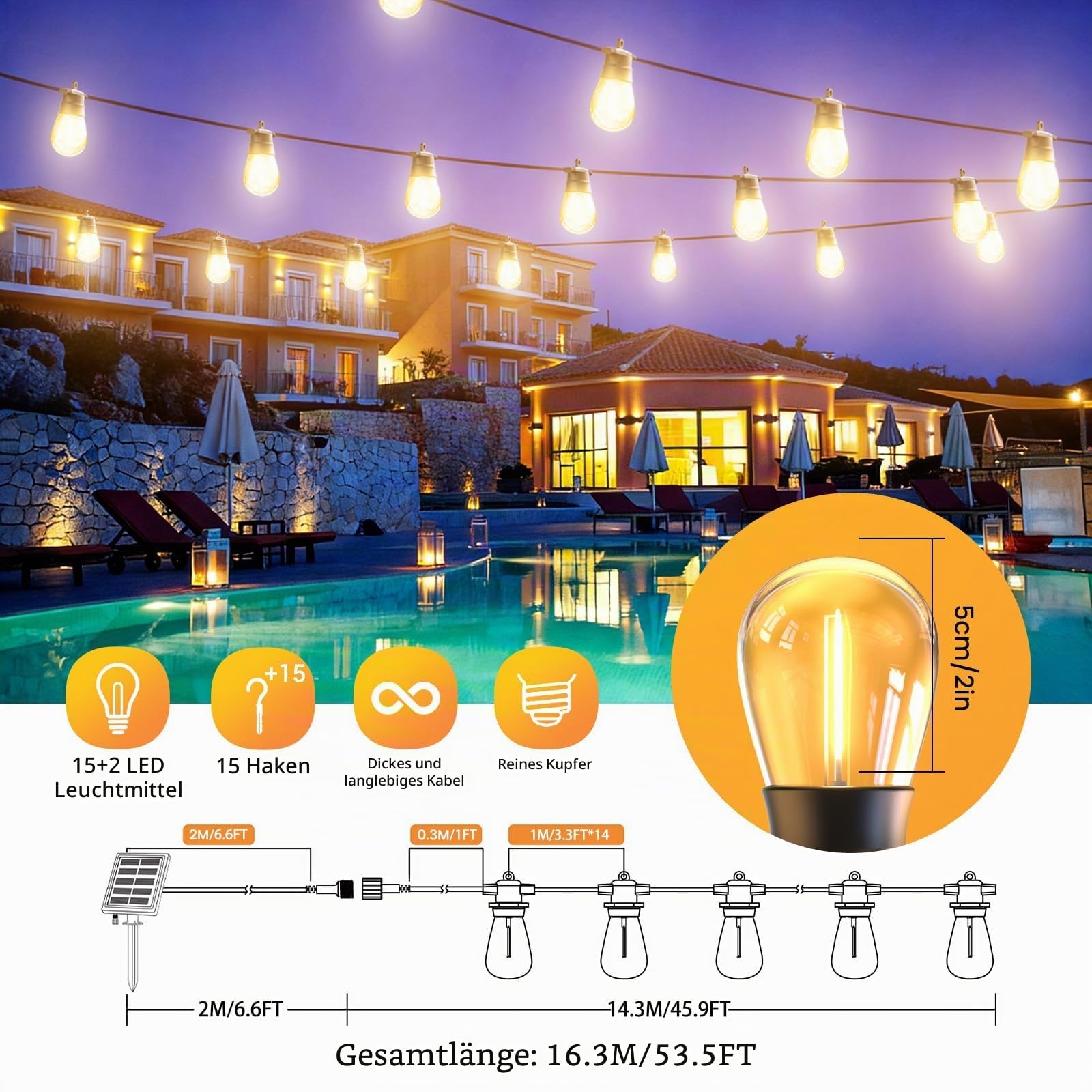 GlobaLink Solar Lichterkette 16,3M Glühbirnen LED IP65