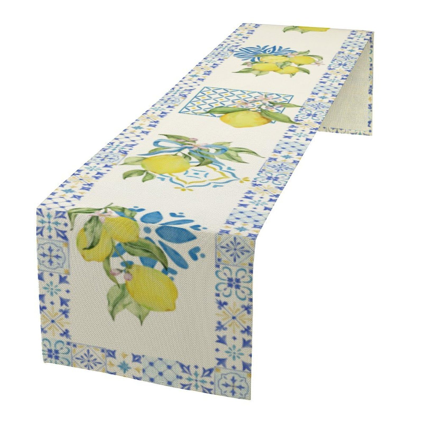 Mediterranean Lemon Table Runner – Blue Tile Border with Watercolor Yellow Lemons and Floral Design – Summer Dining Table Decor for Kitchen or Patio 13x108 Inch