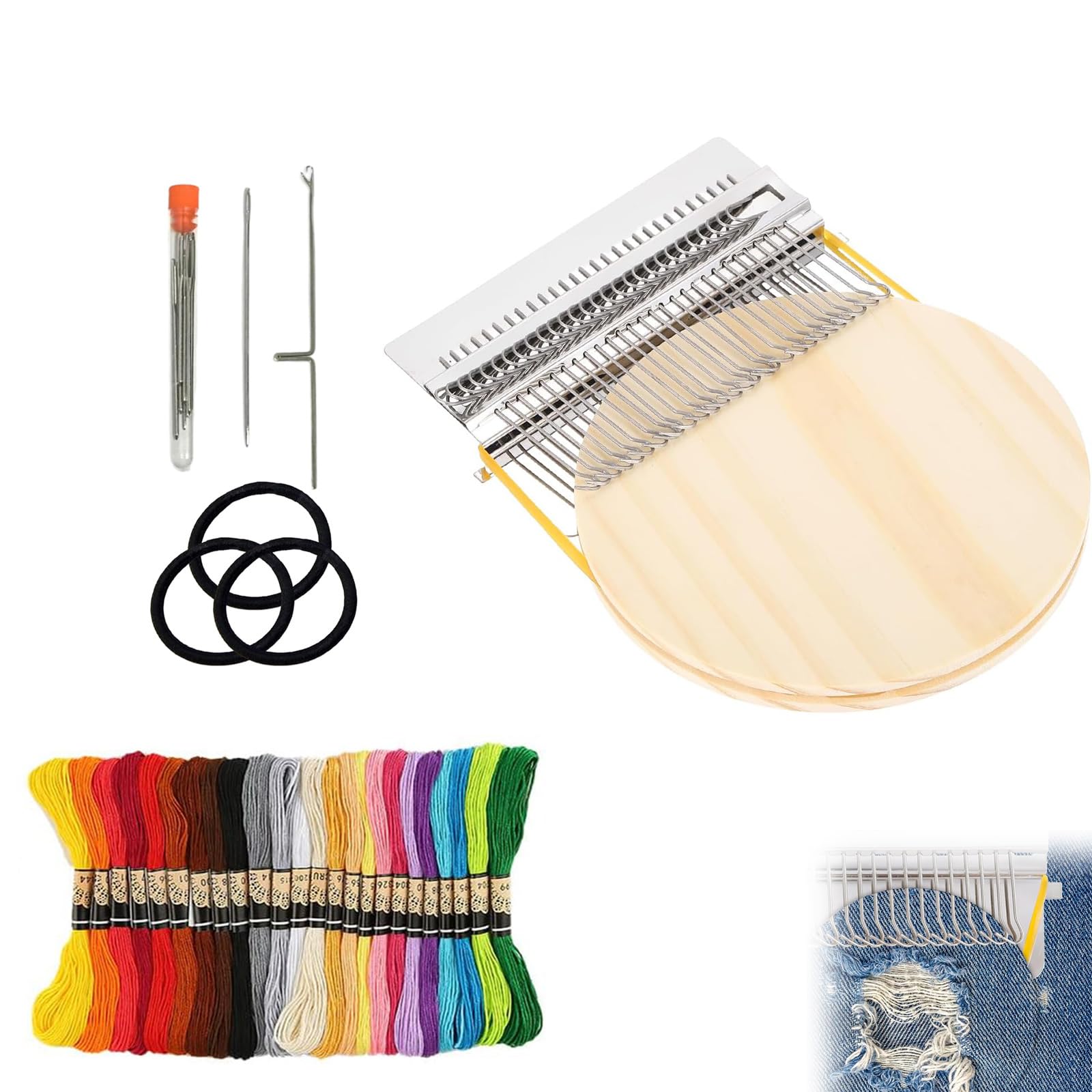 kyno 2026 New Knit Patch Darning Loom for Beginners, Mini Portable 14 Hooks Knitting Machine Kit with 24 Color Threads, Quickly Sewing Repair, DIY Sewing Craft Supplies (28 Hooks)