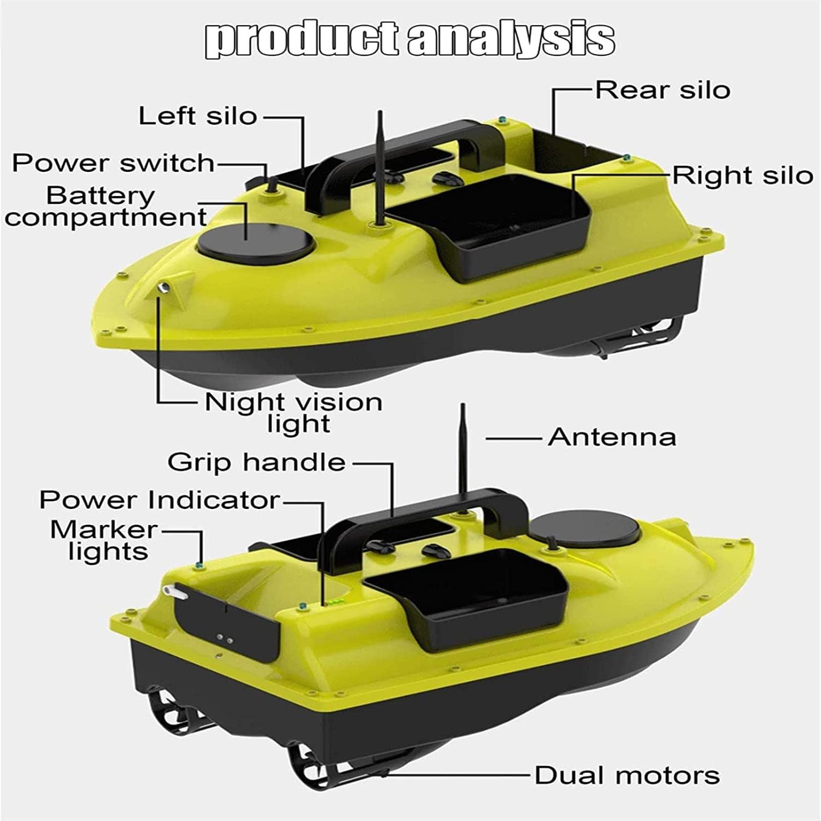 500 m GPS Wireless fischkaberboot Carp Pesca Barca Boot rc Boot 3 Imbuto LCD GPS fischfinder con sensore Sonar, Barca Esca, Pesca, Barca del Nido, Giallo -5200 mAh*1