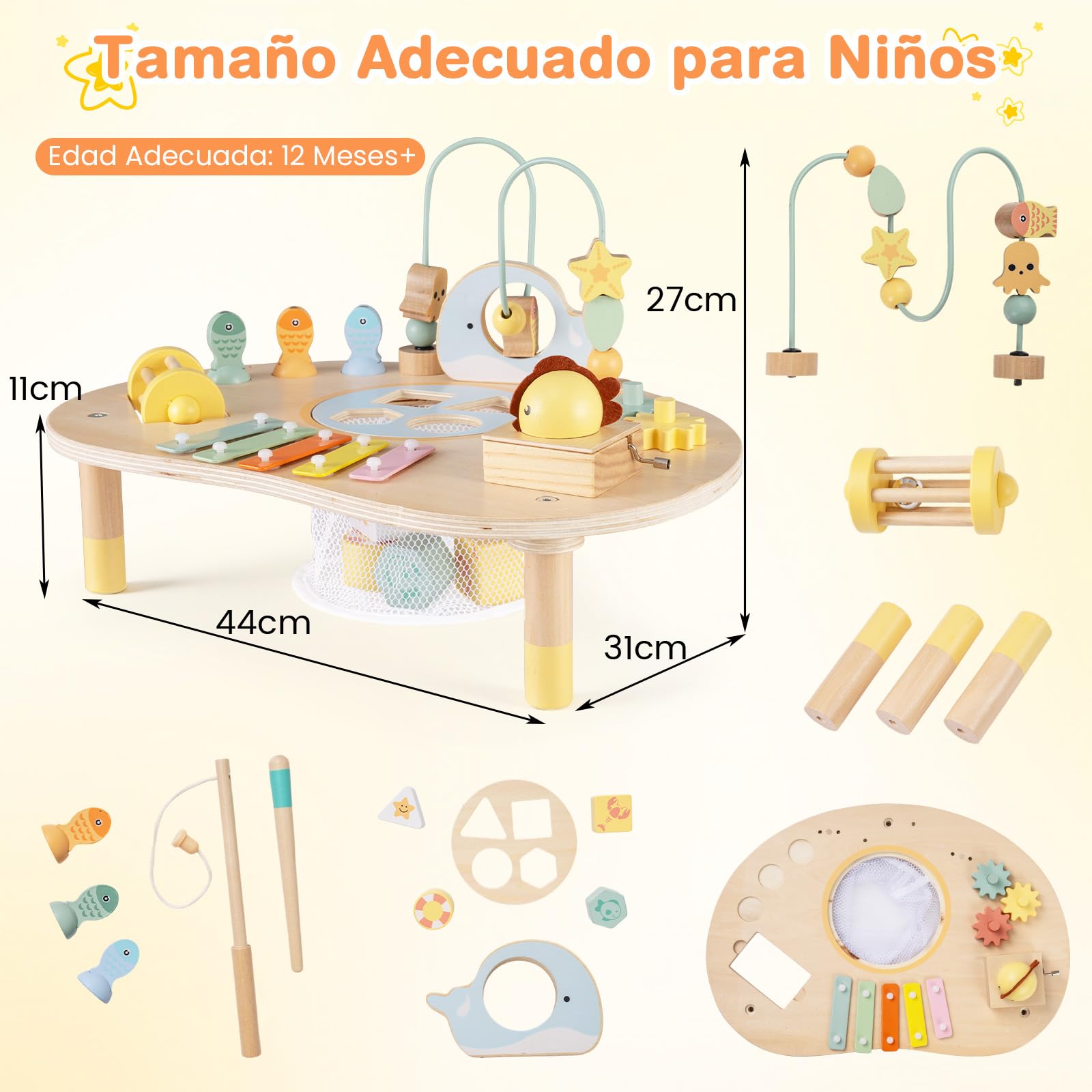 COSTWAY 7 en 1 Mesa de Actividades para Niños, Juguete Sensorial Montessori, Mesa de Juegos de Madera con Laberinto de Cuentas, Xilófono, Juguete Educativo para Bebe de 12+Meses