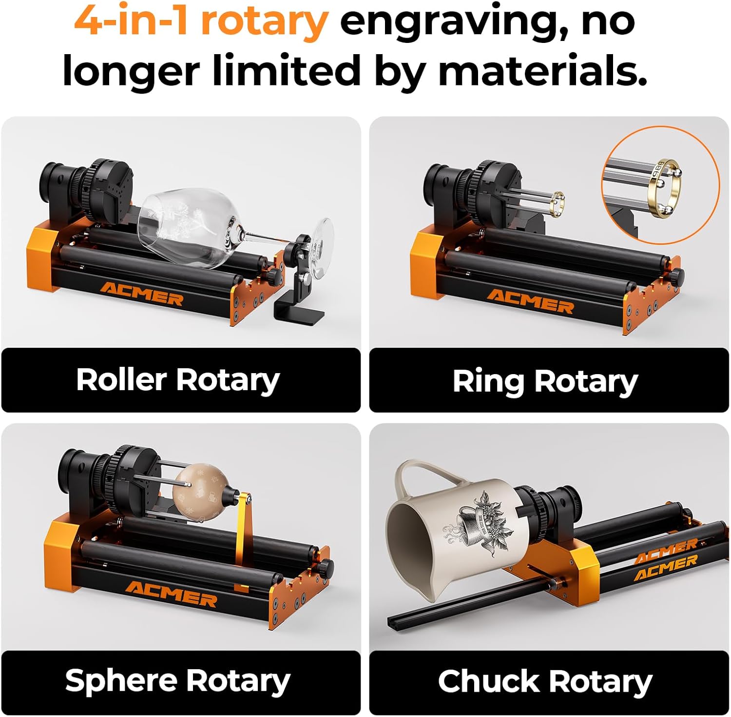 ACMER M4 Laser Rotary Roller, Laser Engraver Y-axis Rotary 360° Roller with 3-150mm Engraving Space for Engraving Cylindrical Objects, Ring, Suitable for ACMER P2, P1 and Most Laser Engraver - Image 3