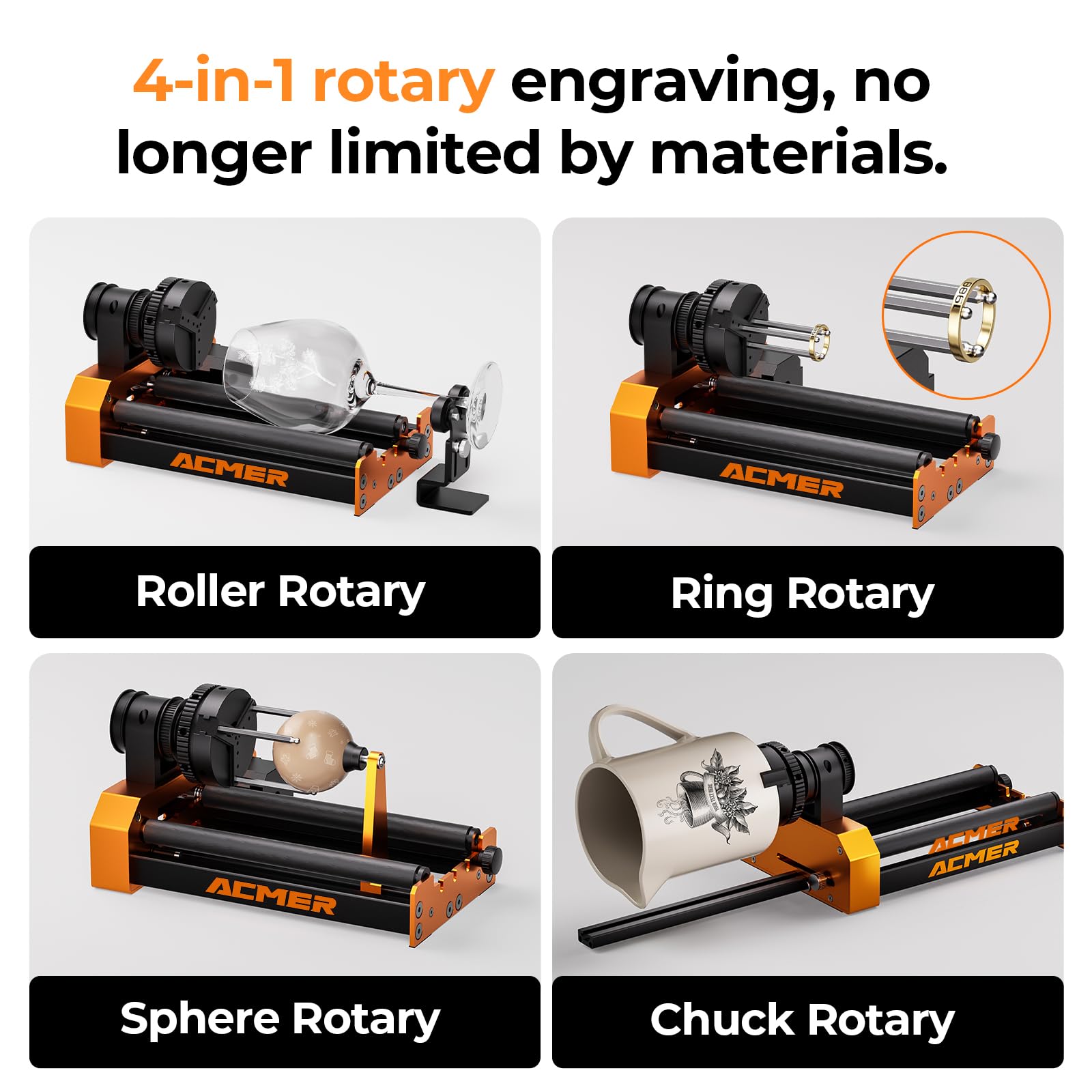 ACMER M4 Rouleau rotatif laser rotatif à axe Y 360° avec espace de gravure de 3 à 150 mm, pour objets cylindriques et bagues, convient pour ACMER et la plupart des graveurs laser